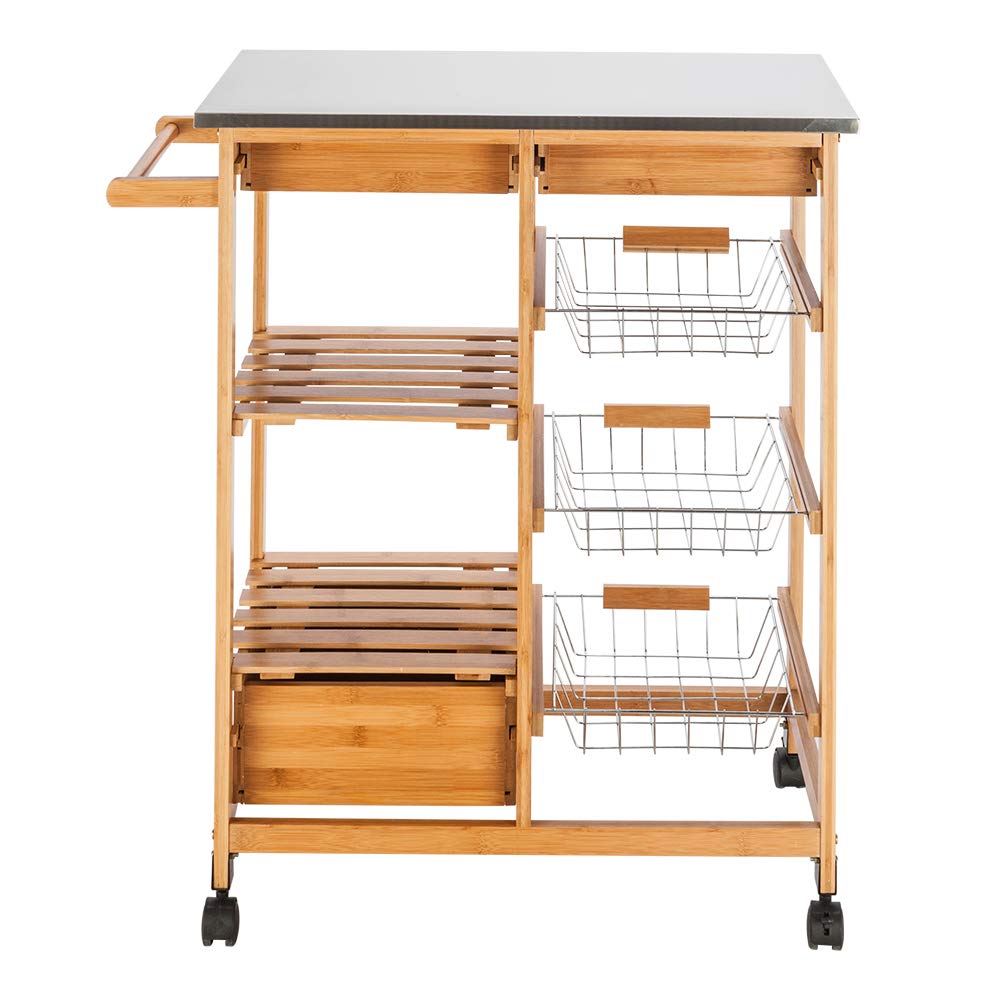 Rolling Kitchen Cart with Storage Drawers & Baskets - Wooden Mobile Kitchen Island Utility Cart with Wheels for Countertop Organization - Perfect for Small Kitchens, Dining Rooms & Food Prep Areas (Burlywood)