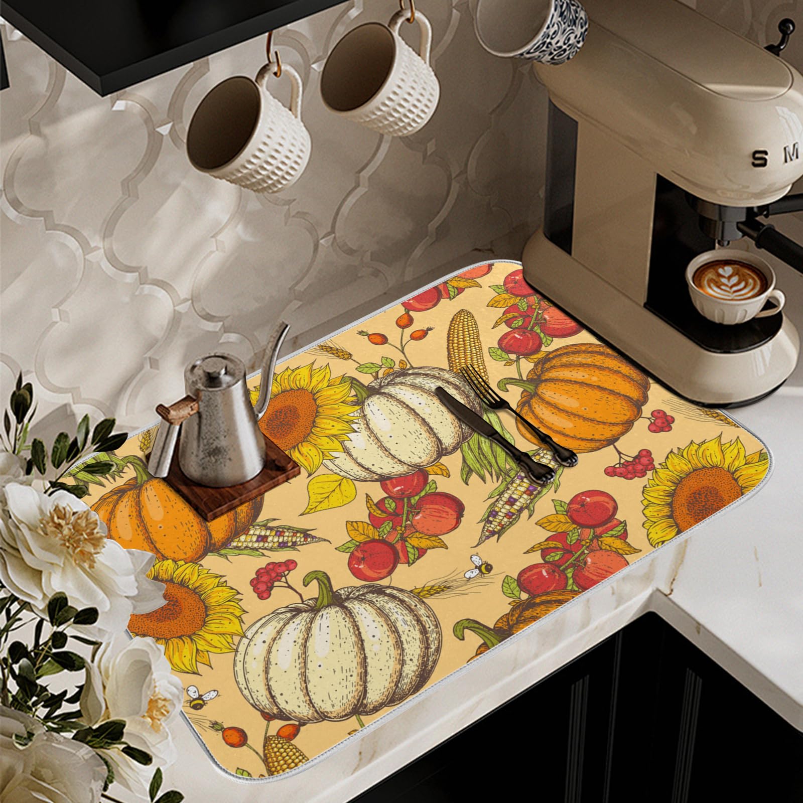 Pumpkin Dish Drying Mat 18x24 Inch - Absorbent Kitchen Counter Mat for Dishes & Utensils