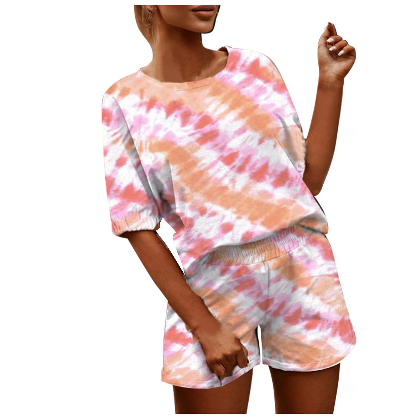 KAQQ Women's Summer Casual Printed Short-Sleeve Tracksuit Set - Comfortable Shorts & Top 2-Piece Outfit for Home, Lounge, Gym & Outdoor Activities