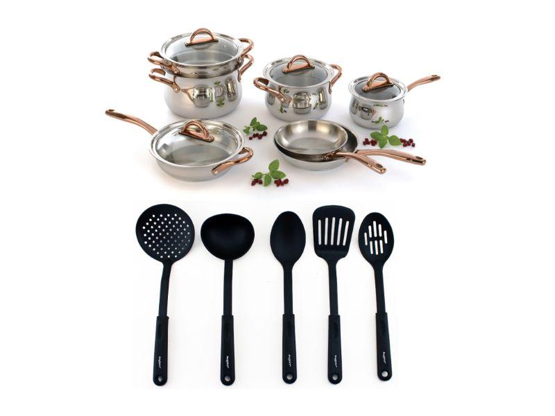 BergHOFF Ouro Gold 16-Piece 18/10 Stainless Steel Cookware Set with Tempered Glass Lids - Premium Kitchen Cookware for Professional Chefs & Home Cooking, Perfect for Sautéing, Boiling & Simmering