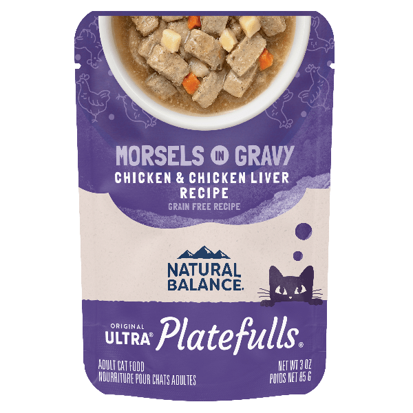 Natural Balance Platefulls Chicken & Chicken Liver Recipe Morsels in Gravy - Grain-Free Wet Cat Food Pouches for Adult Cats - Perfect for Mealtime, Travel & Treat Rewards