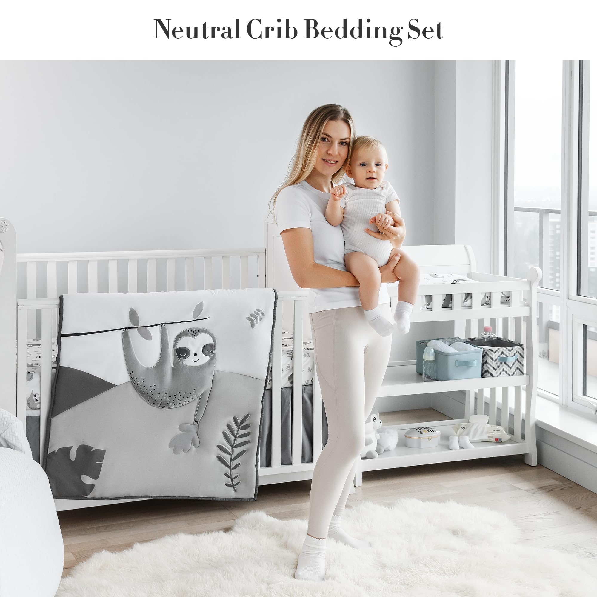 MY LITTLE ZONE 5-Piece Neutral Baby Crib Bedding Set - Soft Gray & White Sloth Nursery Collection with Comforter, Fitted Sheet, Changing Pad Cover & Crib Skirt | Cozy & Safe for Newborns, Infants & Toddlers | Perfect for Nursery Decor, Baby Shower Gifts & Gender-Neutral Themes