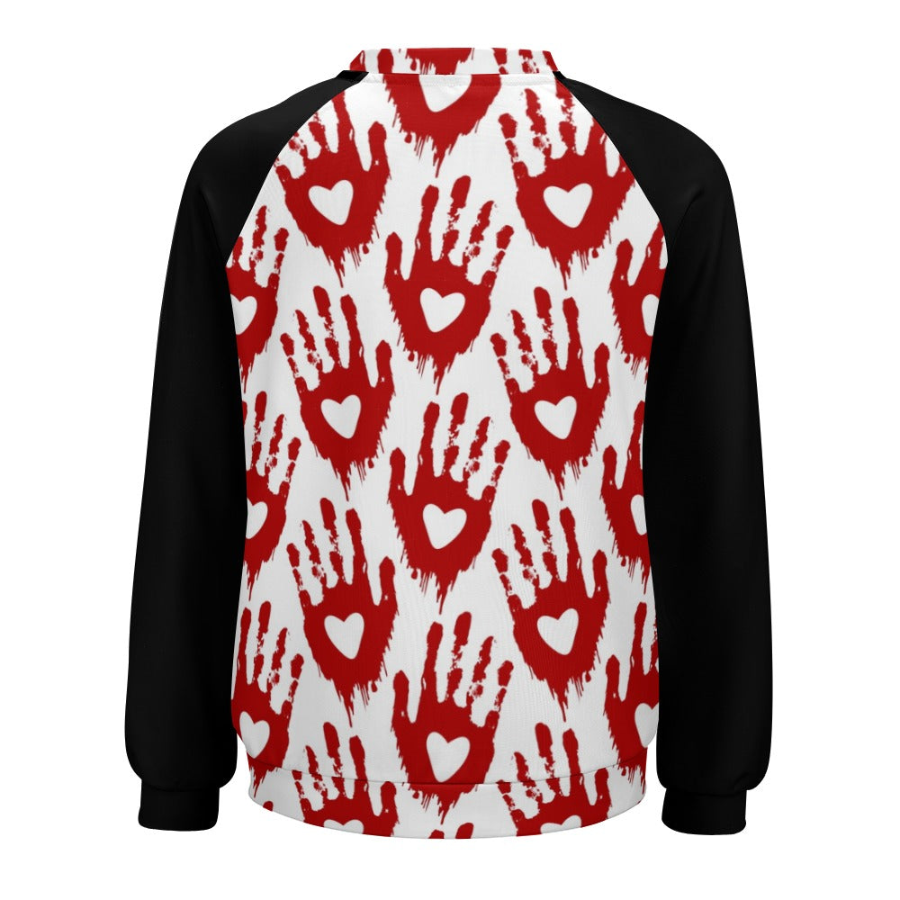 Bloody Hand Print Heart Raglan Round Neck Sweater | Gothic Halloween Pullover | Trendy Unisex Casual Wear for Parties & Outfits