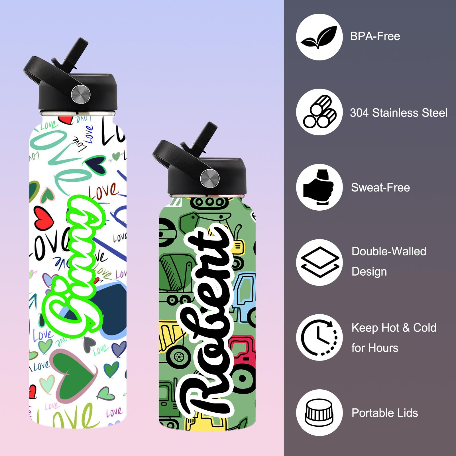 Personalized 18oz Stainless Steel Water Bottle with Straw - Custom Name Insulated Water Bottle for Kids, Girls & Boys - Perfect for School, Sports, Gym & Outdoor Activities
