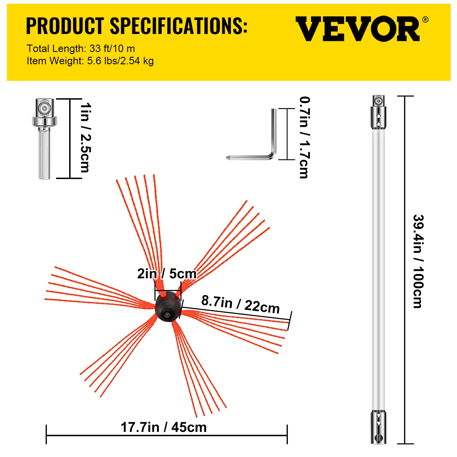 VEVOR 33FT Chimney Sweep Kit with 10 Nylon Flexible Rods & 2 Brush Heads - Drill-Powered Rotary Cleaning System for Fireplace, Wood Stove, and Chimney Maintenance - Perfect for Homeowners and Professional Use