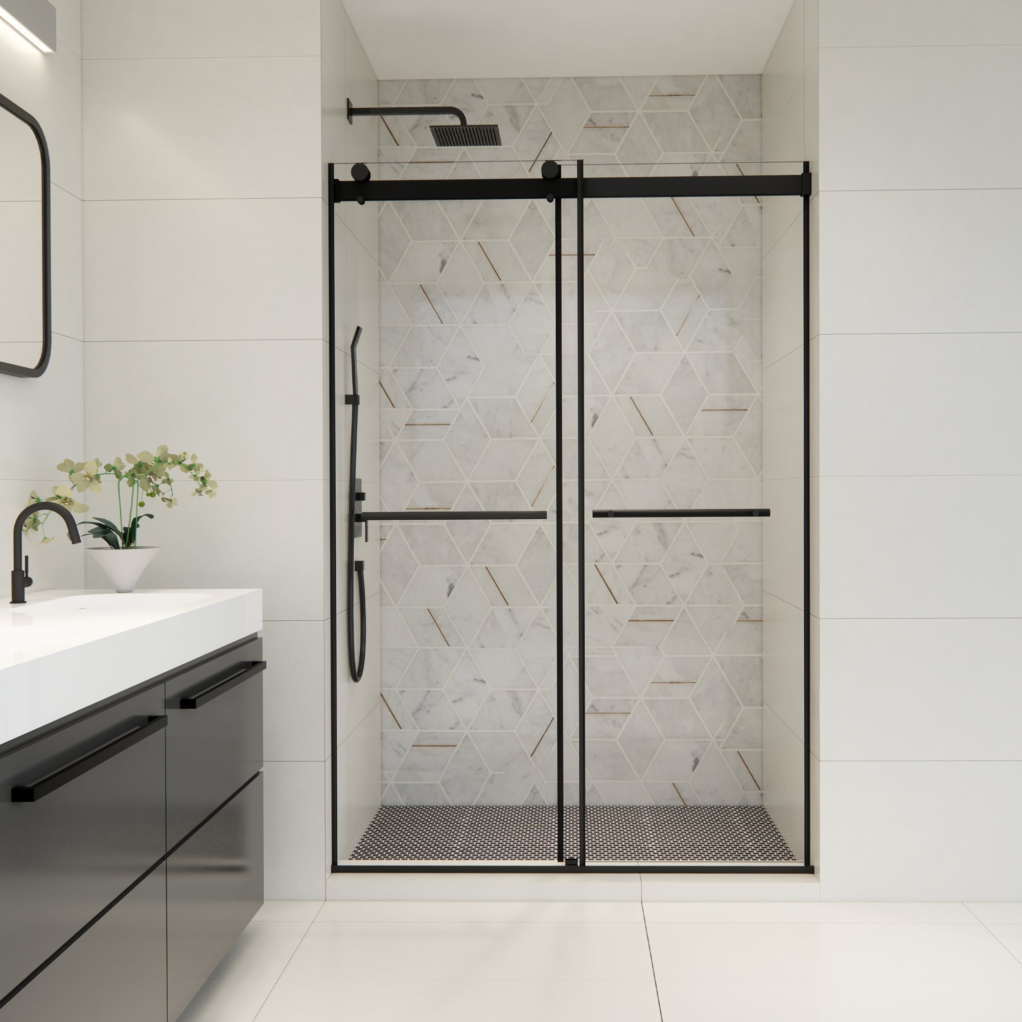 Belizzi Frameless Matte Black Roller Shower Door with Clear Glass - Modern Bathroom Upgrade for Walk-In Showers & Spa-Like Experience