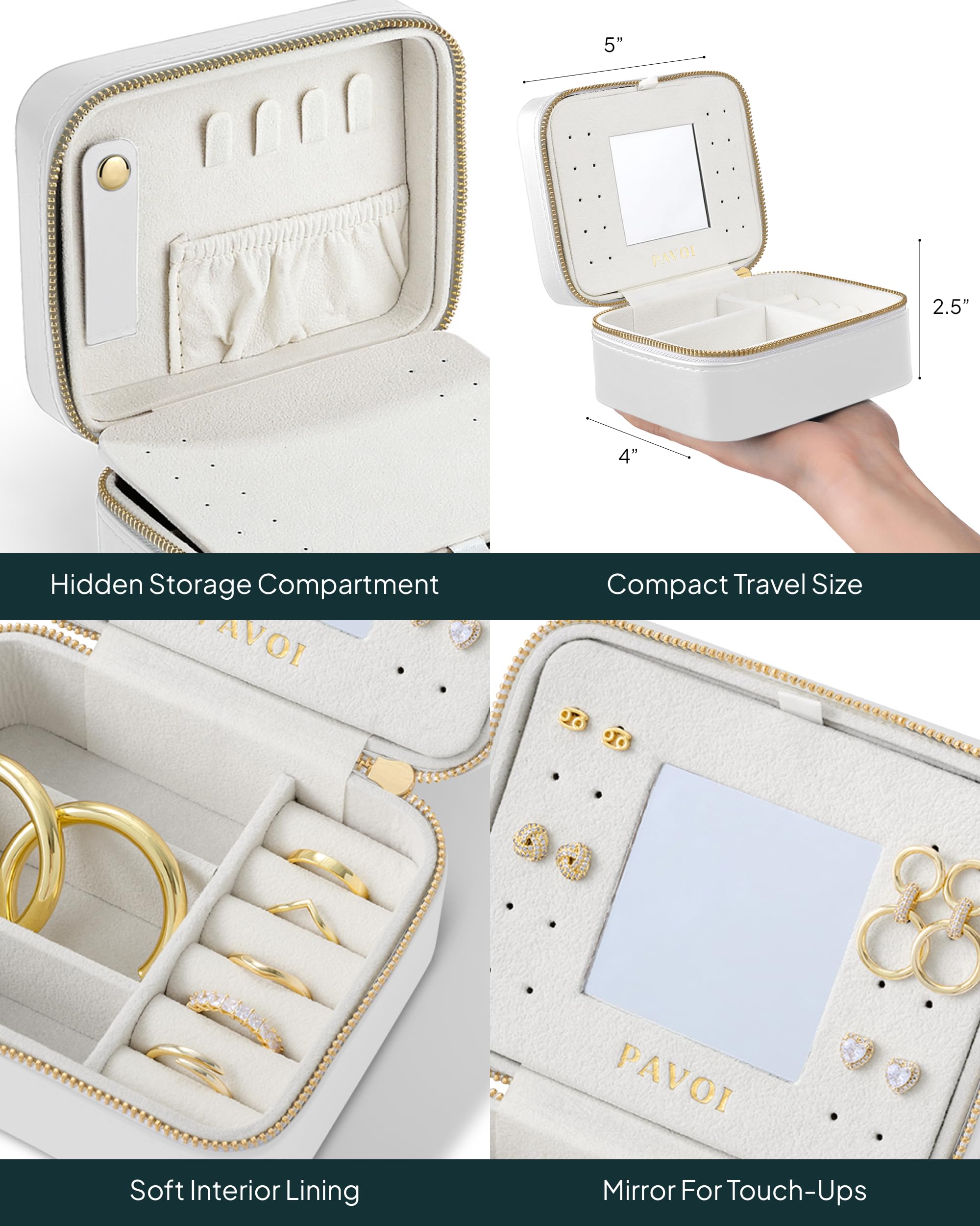 PAVOI Ivory Faux Leather Jewelry Box for Women - Compact Travel Jewelry Organizer with Mirror - Portable Case for Rings, Necklaces, Earrings & Bracelets - Perfect for Travel, Gifts & Home Storage