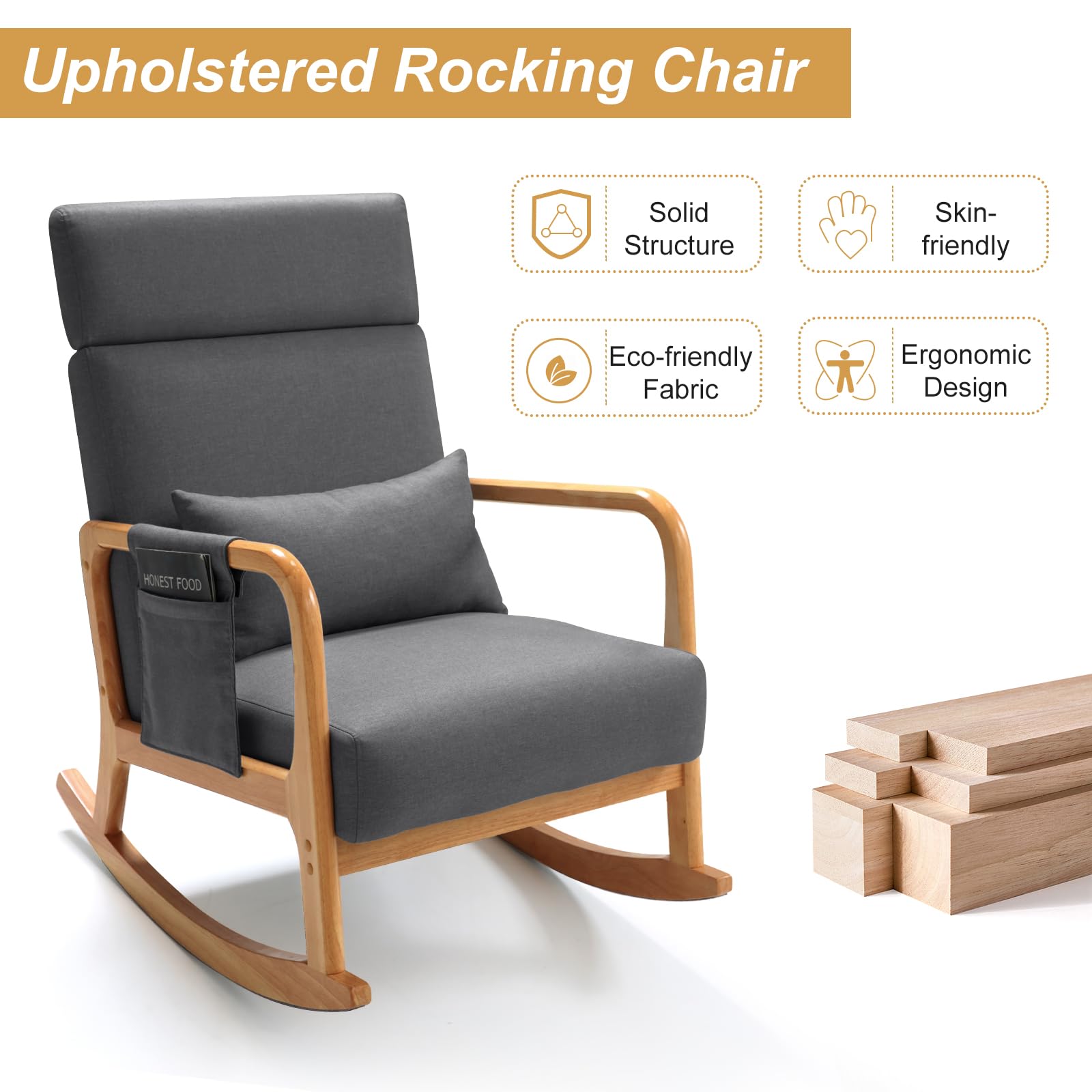 Comfortable Nursery Glider Rocking Chair with Pillow & Side Pocket - High Back Nursing Chair, Solid Wood Rocker Armchair for Bedroom & Living Room (Grey) - Perfect for Breastfeeding, Reading & Relaxing