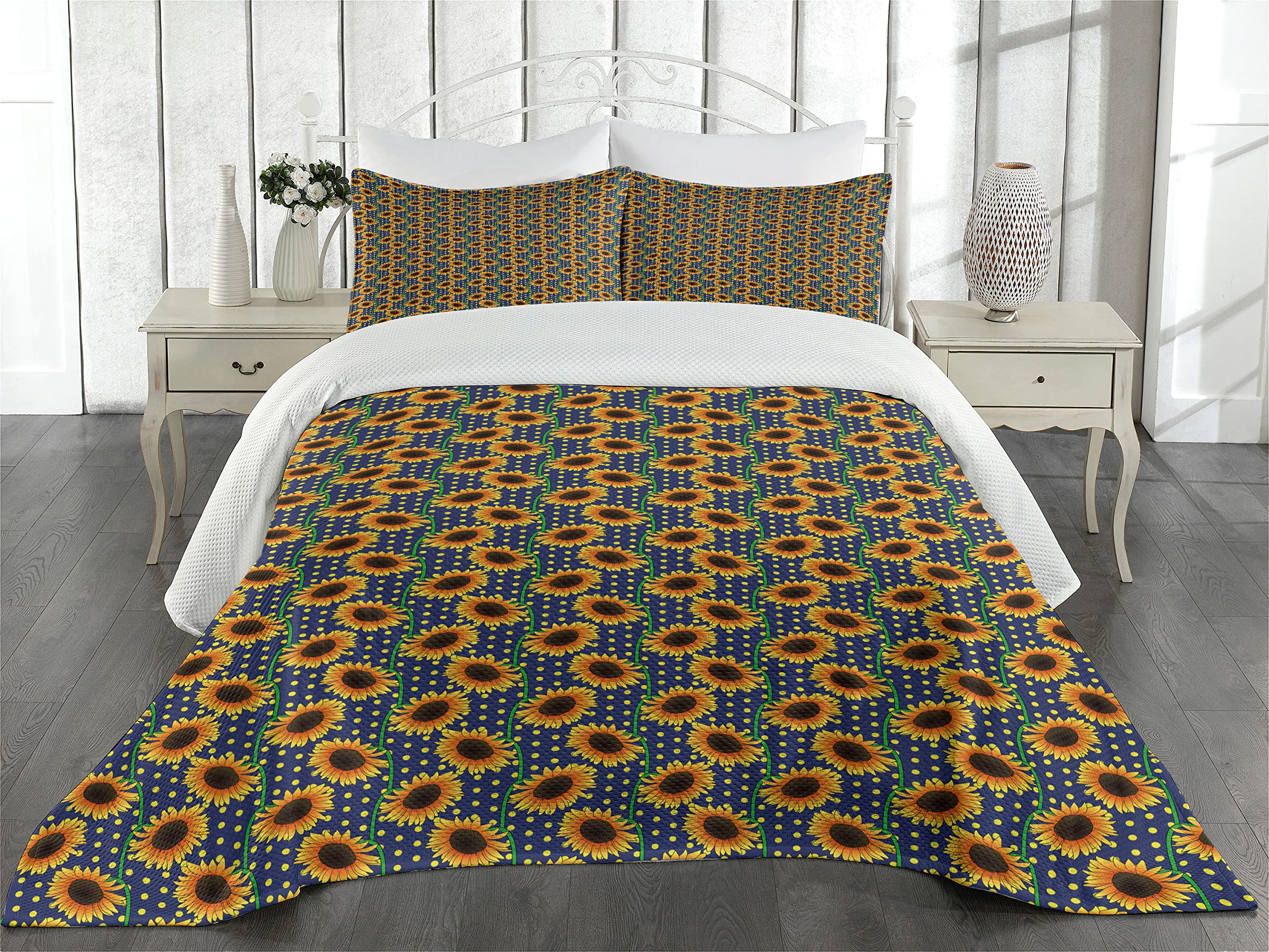 Ambesonne Orange Blue King Size 3-Piece Quilted Bedspread Set with 2 Pillow Shams - Cartoon Floral Sunflower & Polka Dot Pattern Decorative Coverlet | Perfect for Bedroom Decor, Guest Room Styling & Cozy Home Makeover
