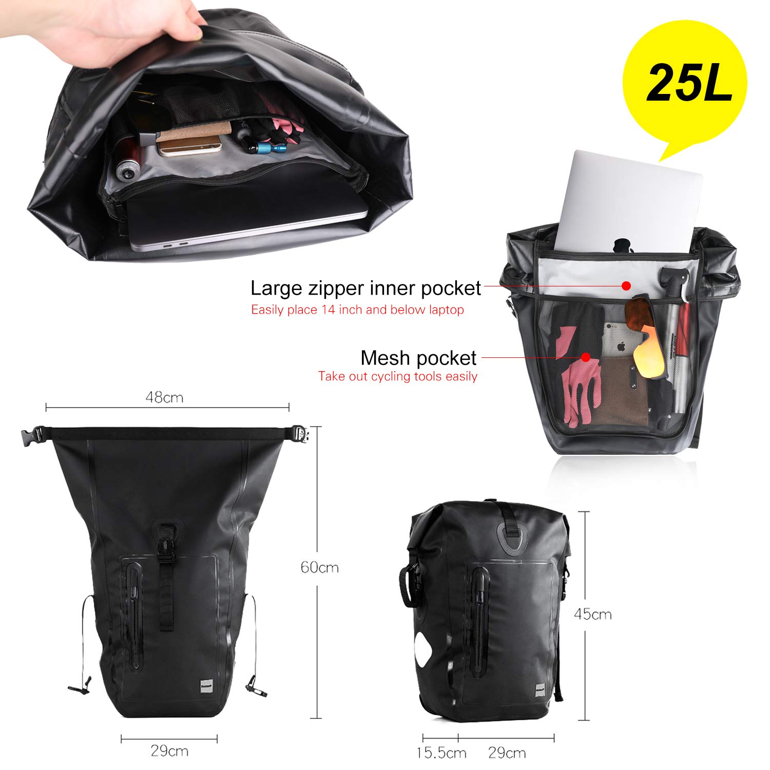 Rhinowalk Waterproof Bike Pannier Bag - Bicycle Cargo Rack Saddle Bag with Shoulder Strap, Laptop Compatible Cycling Accessories | Perfect for Commuting, Touring & Outdoor Adventures