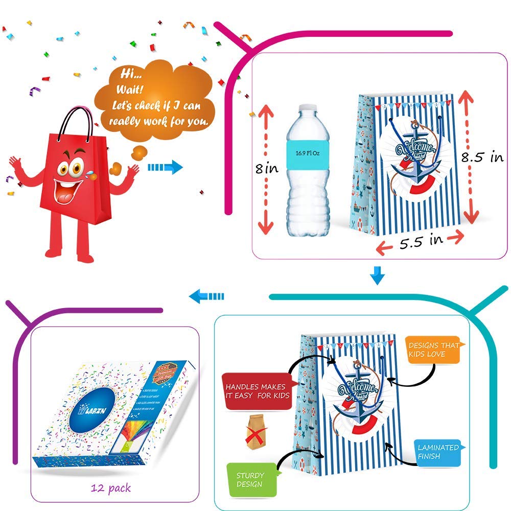 Premium Nautical Party Favor Bags - 12 Pack | Girls Birthday Party Supplies, Baby Shower Decorations, Treat & Goody Gift Bags | Perfect for Beach Themed Parties, Bridal Showers & Kids Celebrations