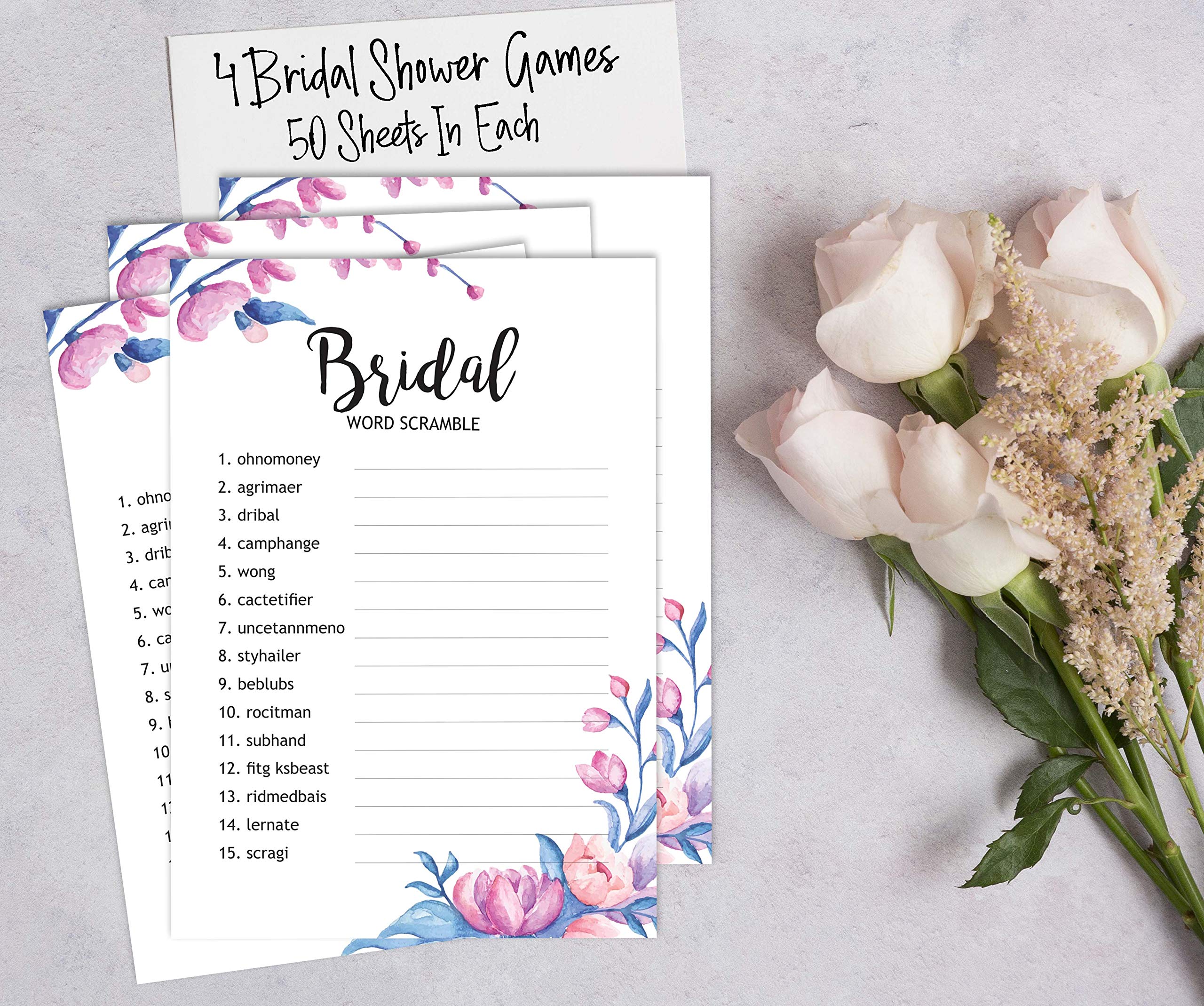 Floral Bridal Shower Games Set - 4 Fun Bachelorette Party Games (50 Sheets Each) for Wedding Celebrations & Girls' Night Out