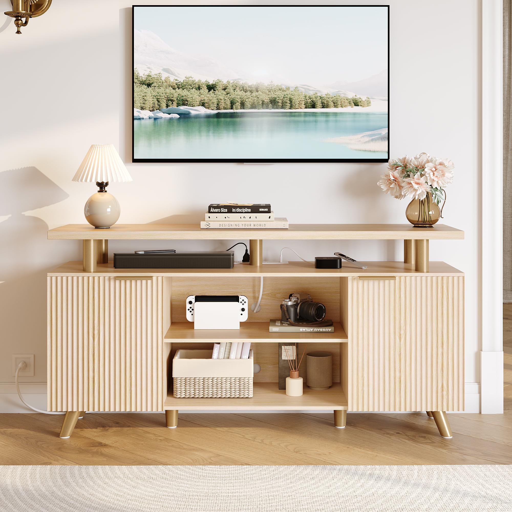 Lulive 65 Inch Fluted TV Stand with Power Outlet & LED Lights - Modern Wood Entertainment Center with 2 Cabinets & 3 Open Shelves - Natural Oak TV Console Table for Living Room (15.7