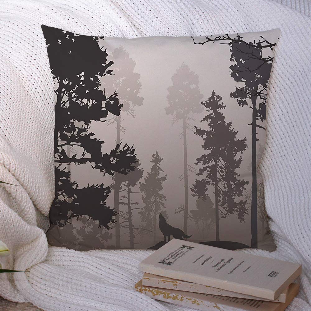 18x18 Inch Natural Pine Forest Wolf Leaves Trees Silhouette Brown Wildlife Decorative Polyester Throw Pillow Covers - Perfect for Couch, Bedroom, Living Room & Home Decor