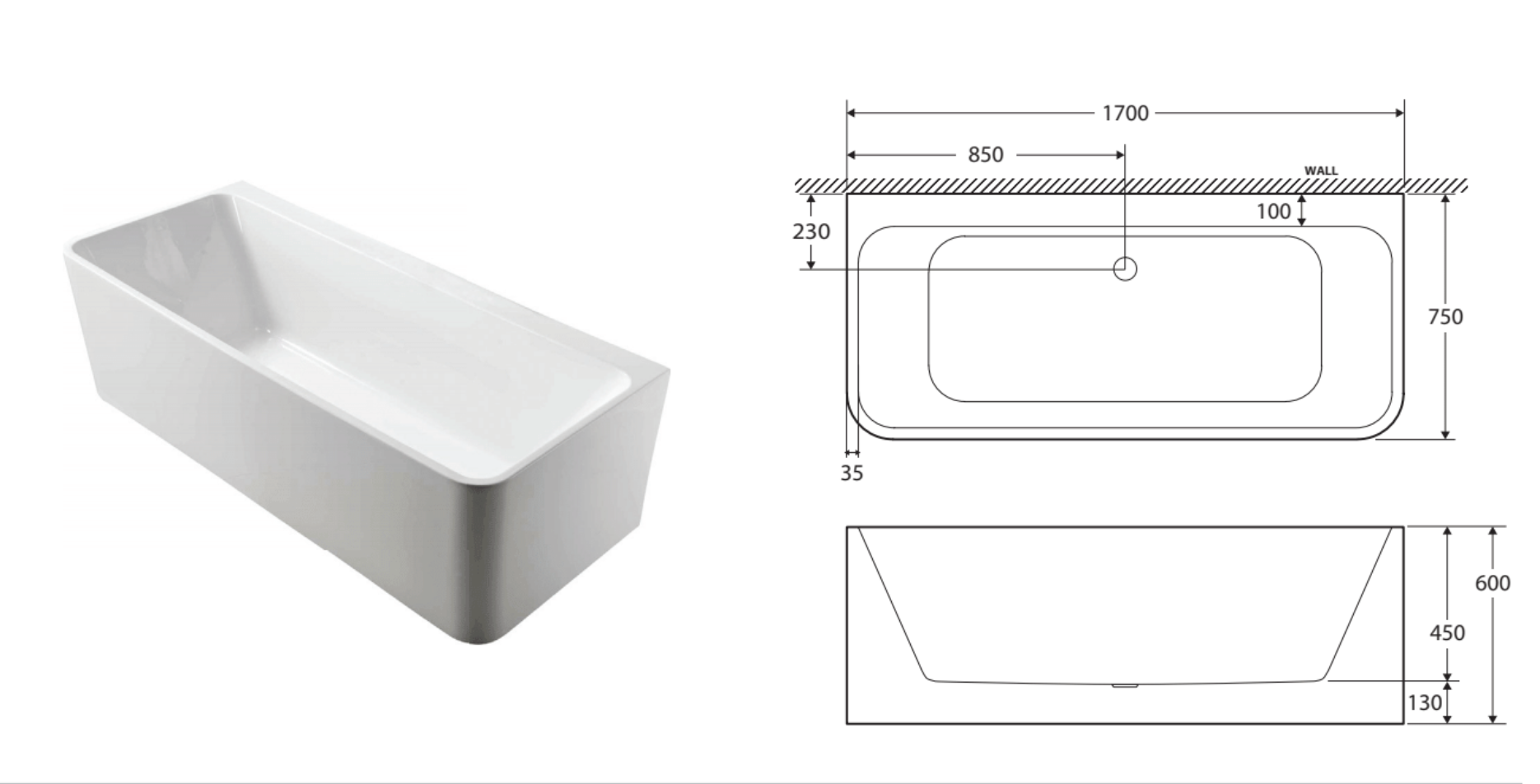 Fienza Delta 1700mm Acrylic Back to Wall Bath - Gloss White | Modern Freestanding Bathtub for Luxury Bathrooms & Spa Retreats