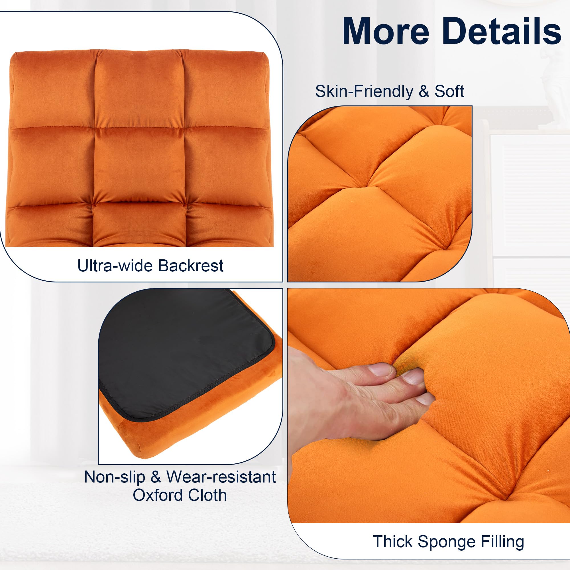 24-Inch Wide Oversized Velvet Floor Chair - 6 Adjustable Positions, Armless Lay Flat Meditation Seat with Ergonomic Padding for Ultimate Comfort (LRSF-007-ORANGE) - Perfect for Yoga, Reading, Gaming & Small Space Living