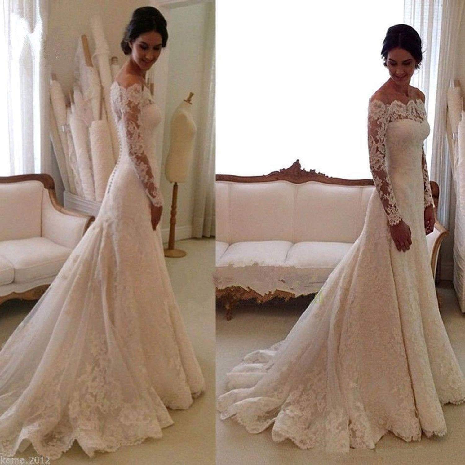 MllesReve Women's Off Shoulder Lace Wedding Dress for Bride 2020 | Elegant A-Line Bridal Gown with Beading & Train | Perfect for Church Ceremony, Beach Wedding, and Reception