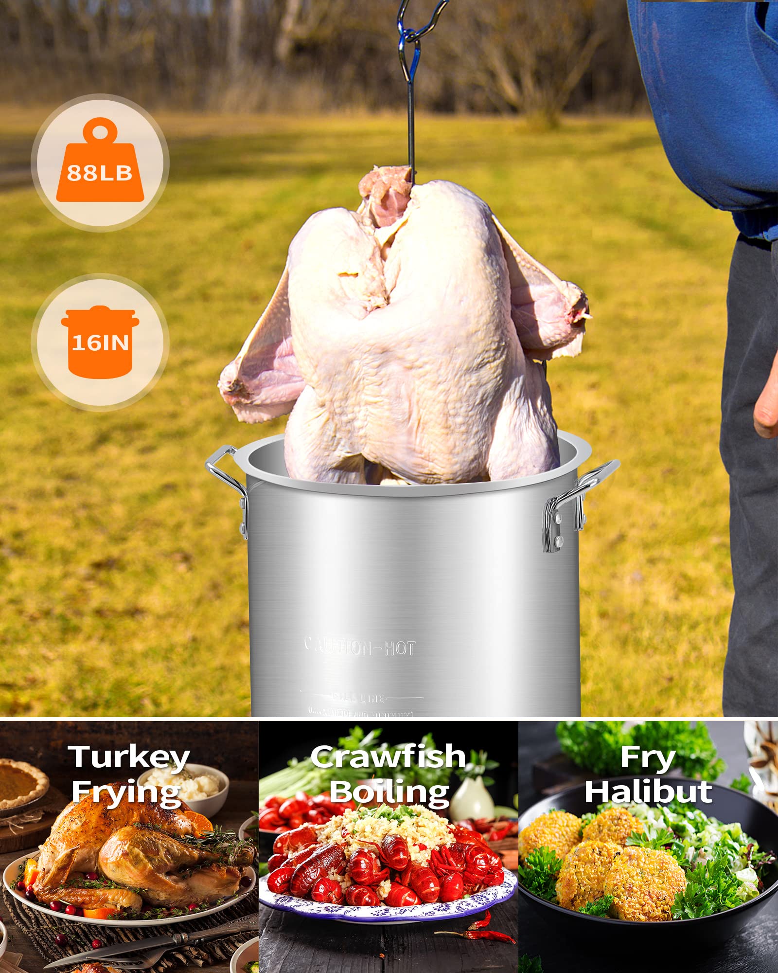 30QT + 10QT Turkey Fryer Propane Burner Kit [54,000 BTU] with Seafood Boil Pot & Basket - Outdoor Cooking Equipment for Thanksgiving, Camping, Backyard BBQs - 13 Inch Black