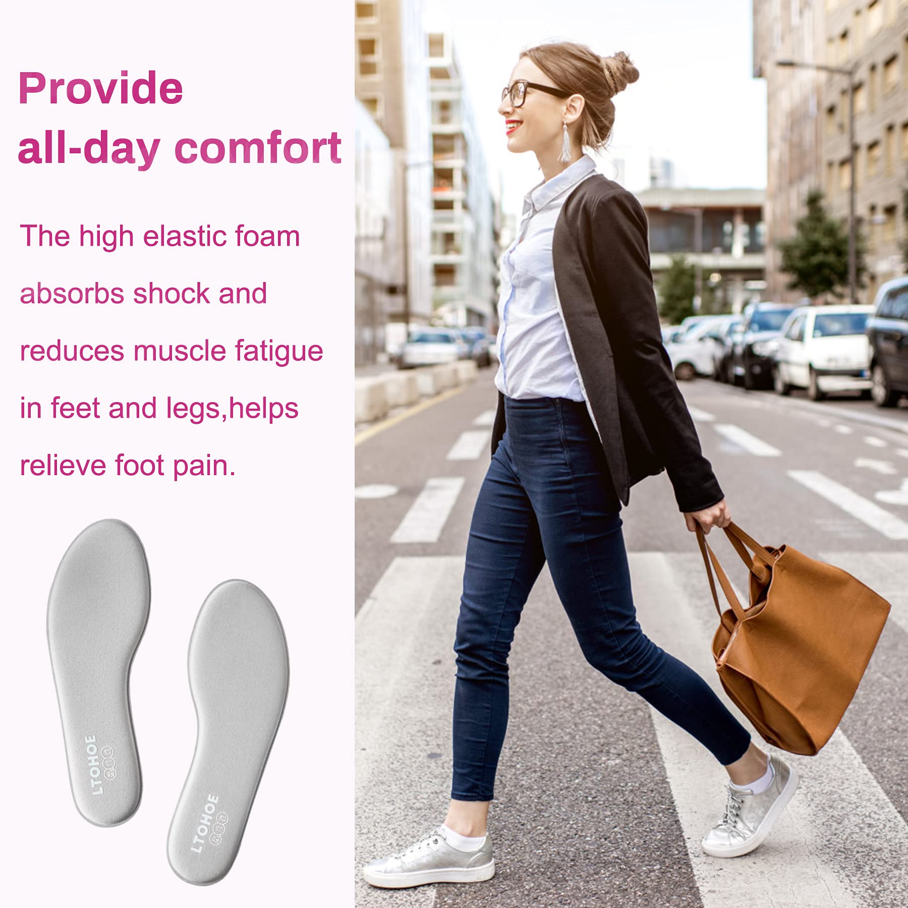 LTOHOE Women's Memory Foam Shoe Insoles - 8mm Cushioned Orthotic Inserts for Running, Hiking & Sneakers - Shock Absorbing Foot Pain Relief & Comfort Support (Gray, US 7.5) - Perfect for Workouts, Long Walks & Everyday Wear