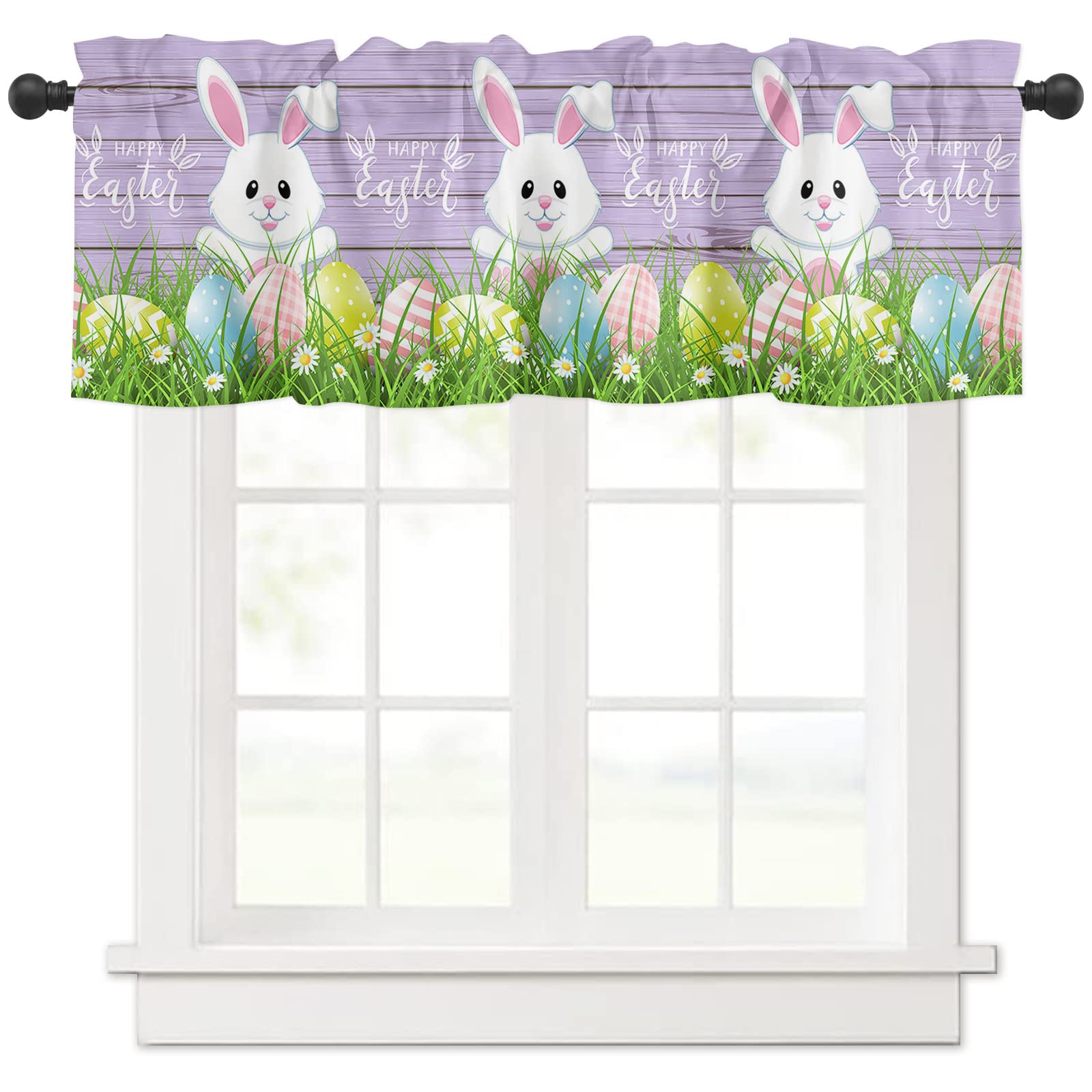 Farmhouse Bunny Easter Egg Short Curtain Panels with Rod Pocket - Spring Meadow Floral Purple Wood Window Valances for Kitchen, Living Room & Bedroom Decor - Perfect for Easter, Spring & Farmhouse Style Home Decor