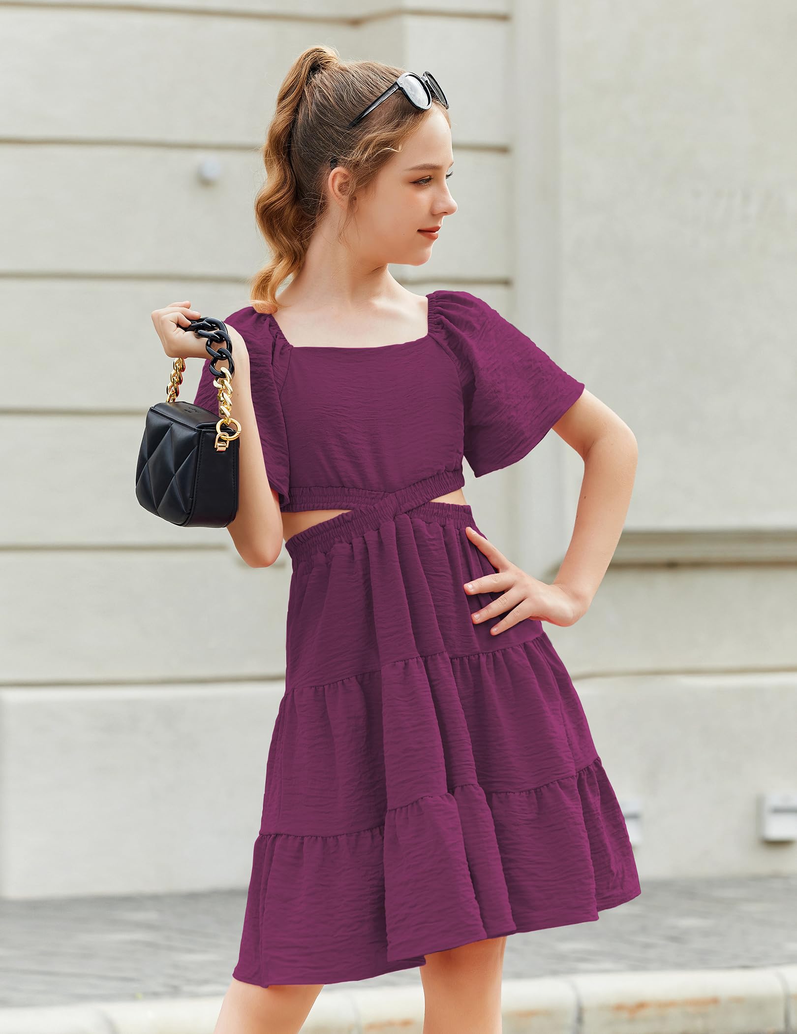 Arshiner Girls Square Neck Cut Out Shirred Party Dress - Cute Tween Summer Dress for Birthday, Photo Shoot & Special Occasions