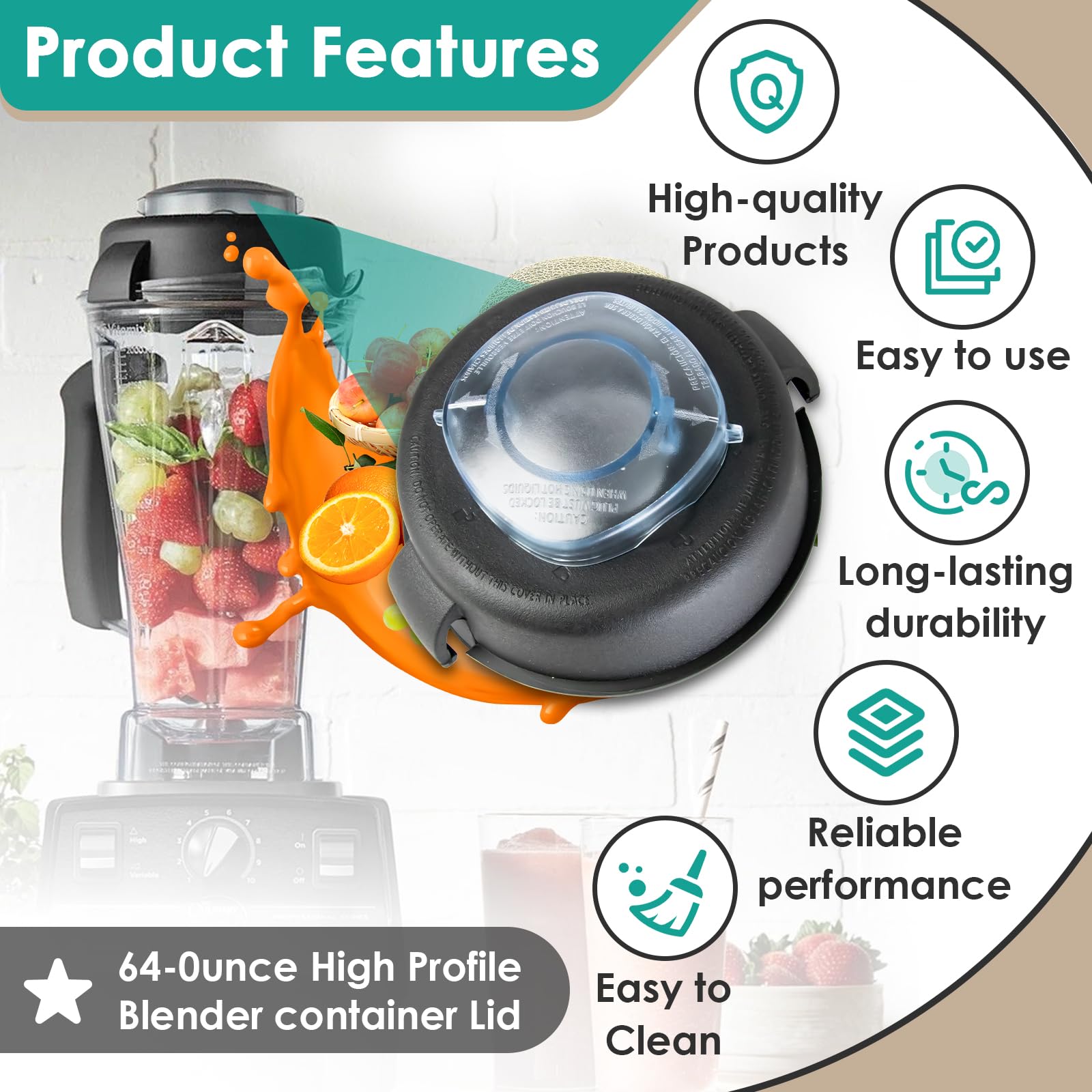 Vitamix Blender Replacement Lid - 64oz High Profile Container Cover for Vitamix 5200 & 5000 Series - Durable Blender Pitcher Lid with Plug - Perfect for Smoothies, Soups, and Nut Butters