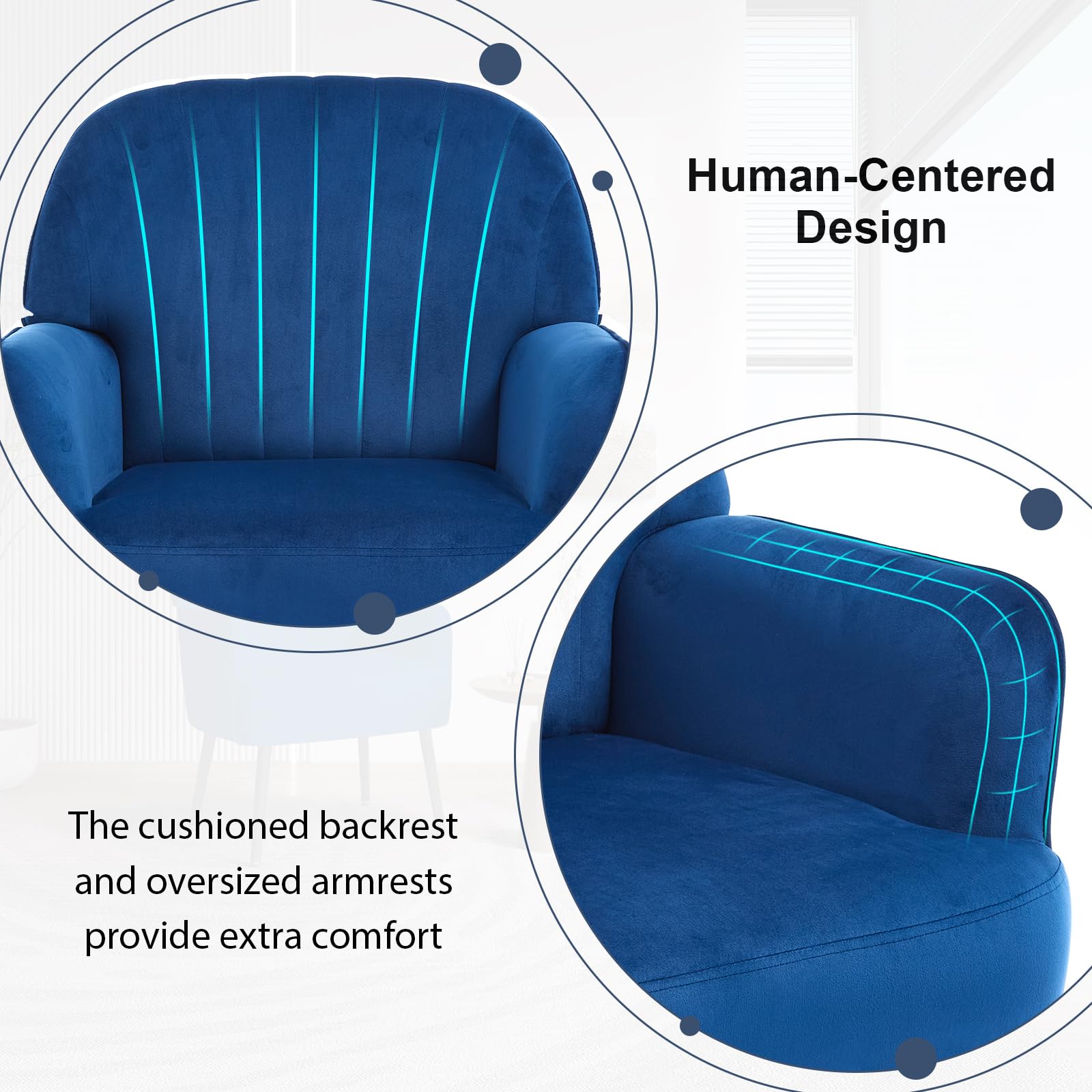Luxury Modern Velvet Accent Chair - Comfy Upholstered Single Sofa with Armrests & High Back Support - Elegant Barrel Armchair with Sturdy Metal Legs for Living Room, Bedroom, Office & Vanity (Blue) - Perfect for Relaxing, Reading & Home Decor