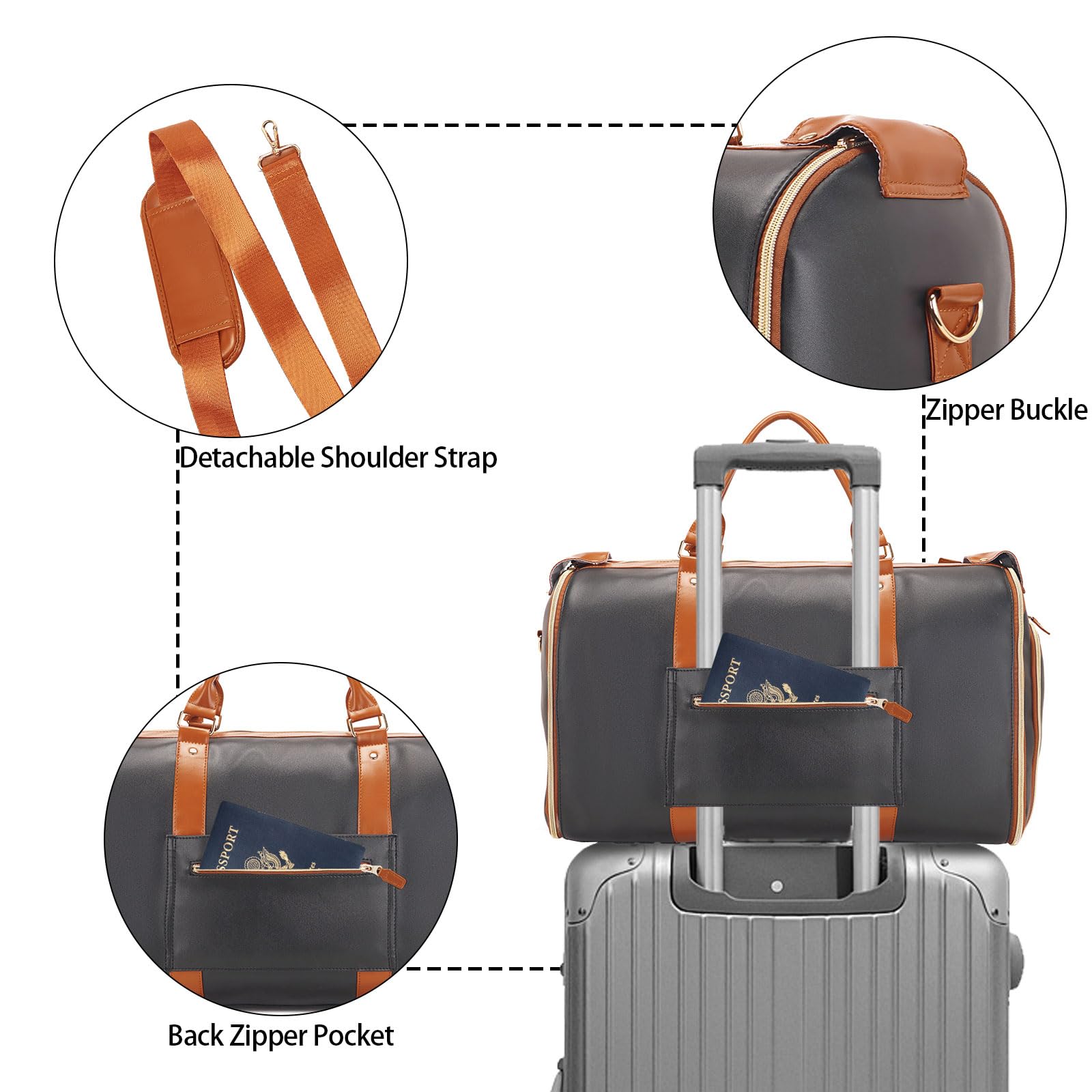 3 in 1 Foldable Garment Bag for Travel - Large Capacity Leather Travel Duffel Bag with Shoe Pouch | Convertible Carry On Hanging Suit Dress Weekender Bag for Men & Women | Perfect for Business Trips, Vacations & Weekend Getaways