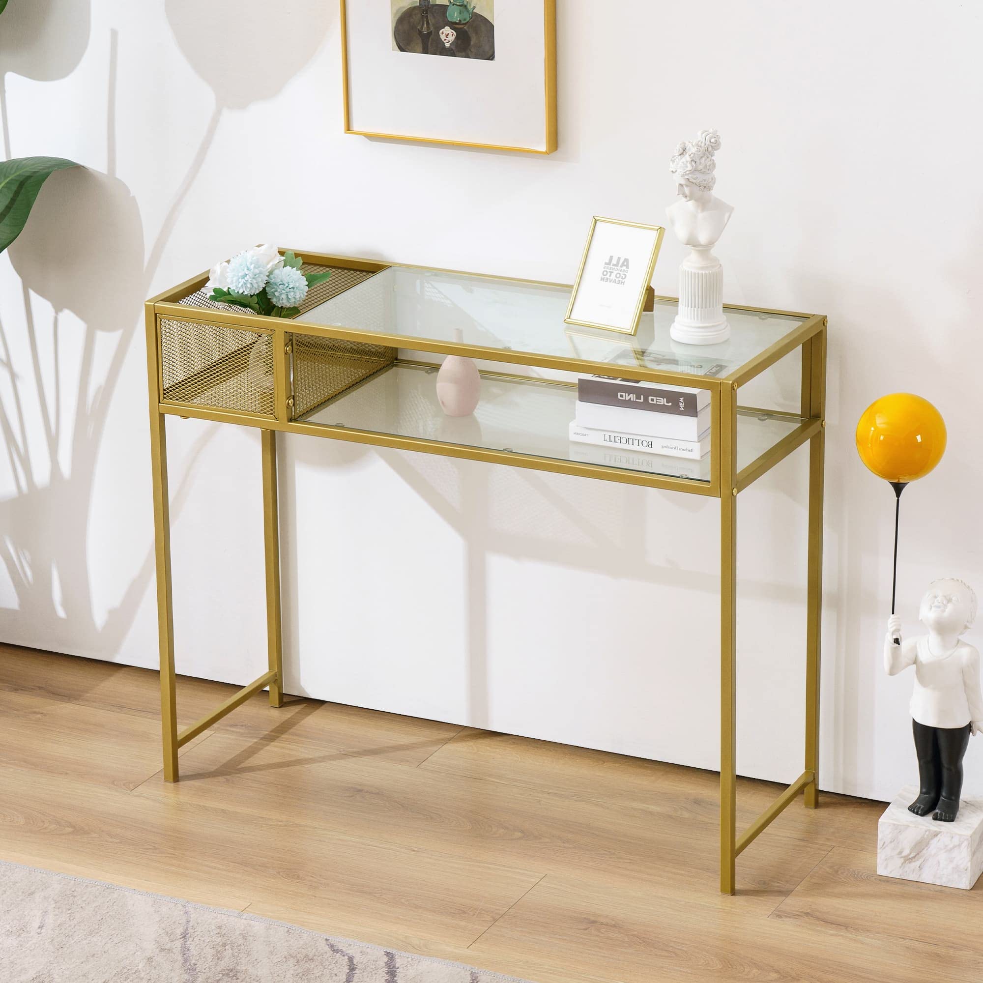 ivinta Narrow Console Table - Modern Entryway Table with Glass Shelves & Gold Metal Frame, 2-Tier Sofa Table for Living Room, Hallway, Accent Table, Computer Desk, TV Stand (CONS-76GS) - Perfect for Small Spaces, Apartment Decor & Stylish Home Office Setup