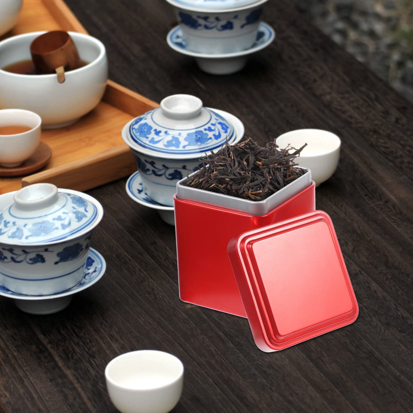 STOBAZA 4-Piece Tin Tea Storage Box Set - Red Loose Leaf Tea Organizer & Tea Bag Holder for Kitchen, Office, or Gift (Tea Caddy, Tea Buffet)