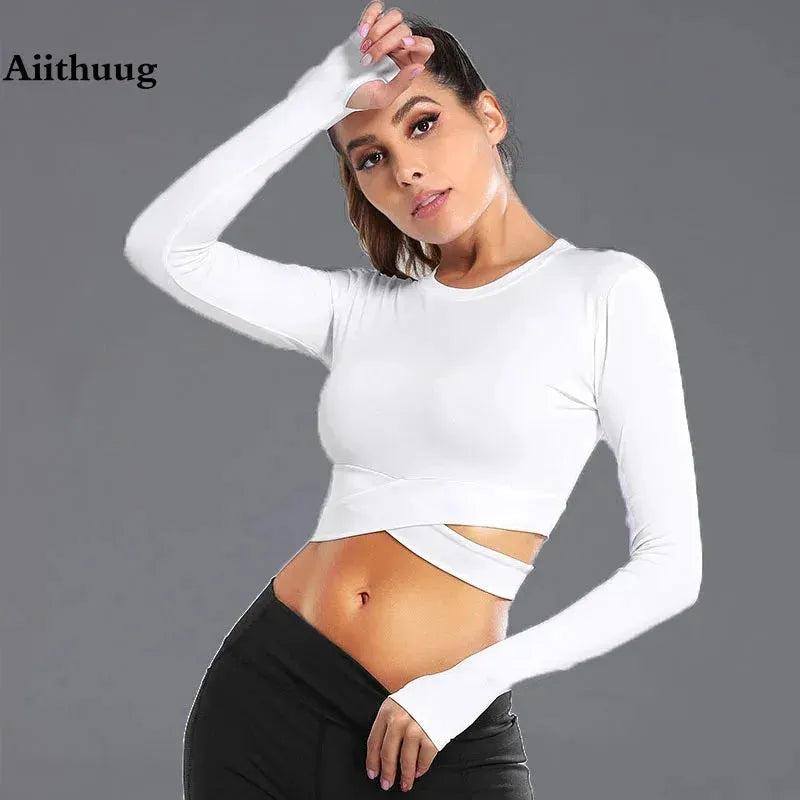 AIITHUUG Midriff Long Sleeve Yoga Top - Women's Slim Fit Criss Cross Waist Workout Shirt for Gym, Running & Fitness | Breathable Sports Crop Top for Yoga, Pilates & Active Lifestyle