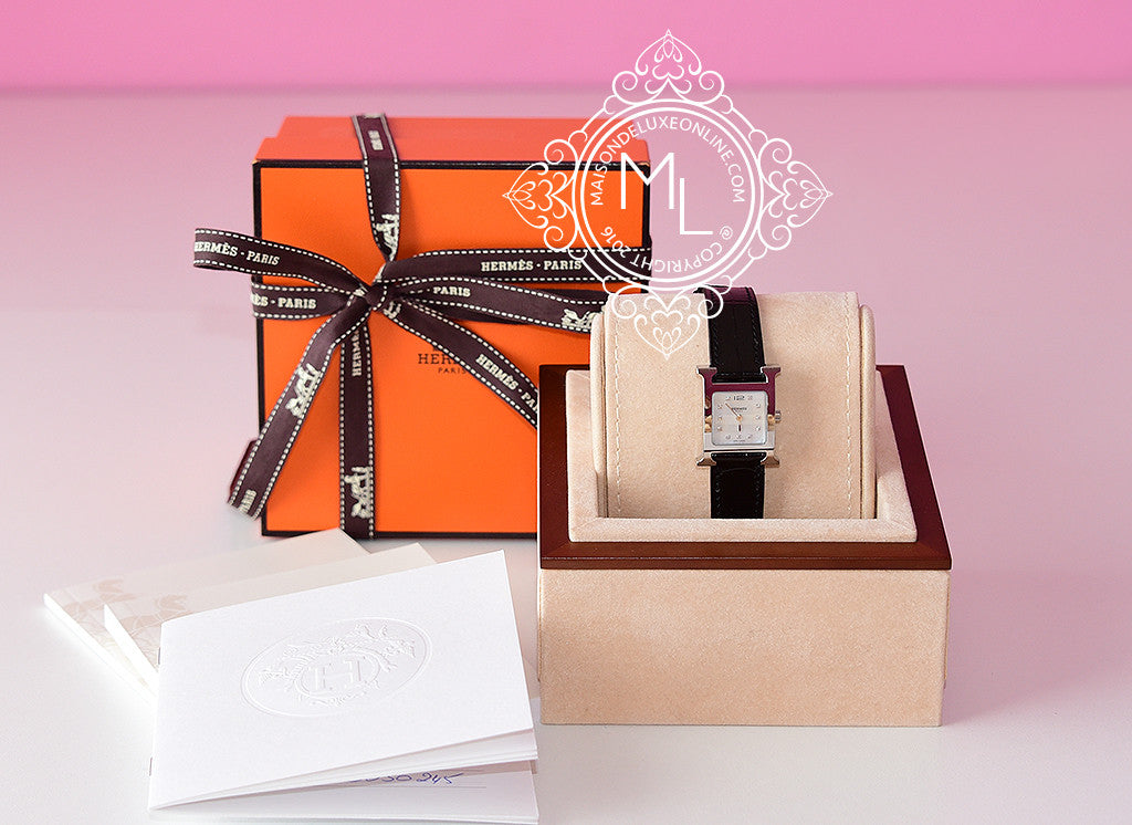 Hermes Diamond H Hour Watch for Women - Luxury Black Crocodile Leather Strap - Perfect for Business Meetings & Formal Events