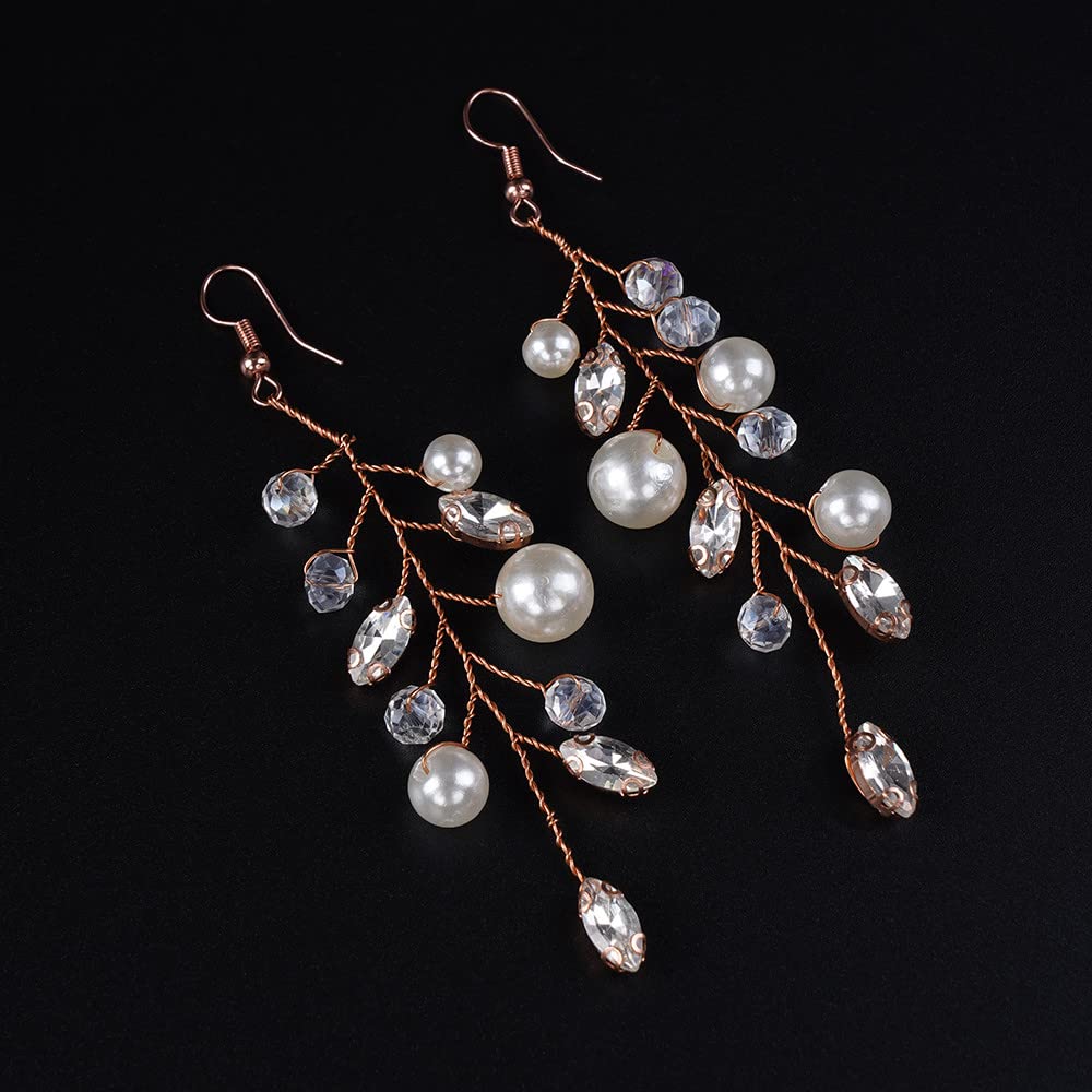 Jumwrit Rose Gold Bridal Hair Comb & Pearl Dangle Earrings Set - Rhinestone Wedding Hair Accessories for Brides, Women & Girls | Handmade for Weddings, Prom & Special Occasions