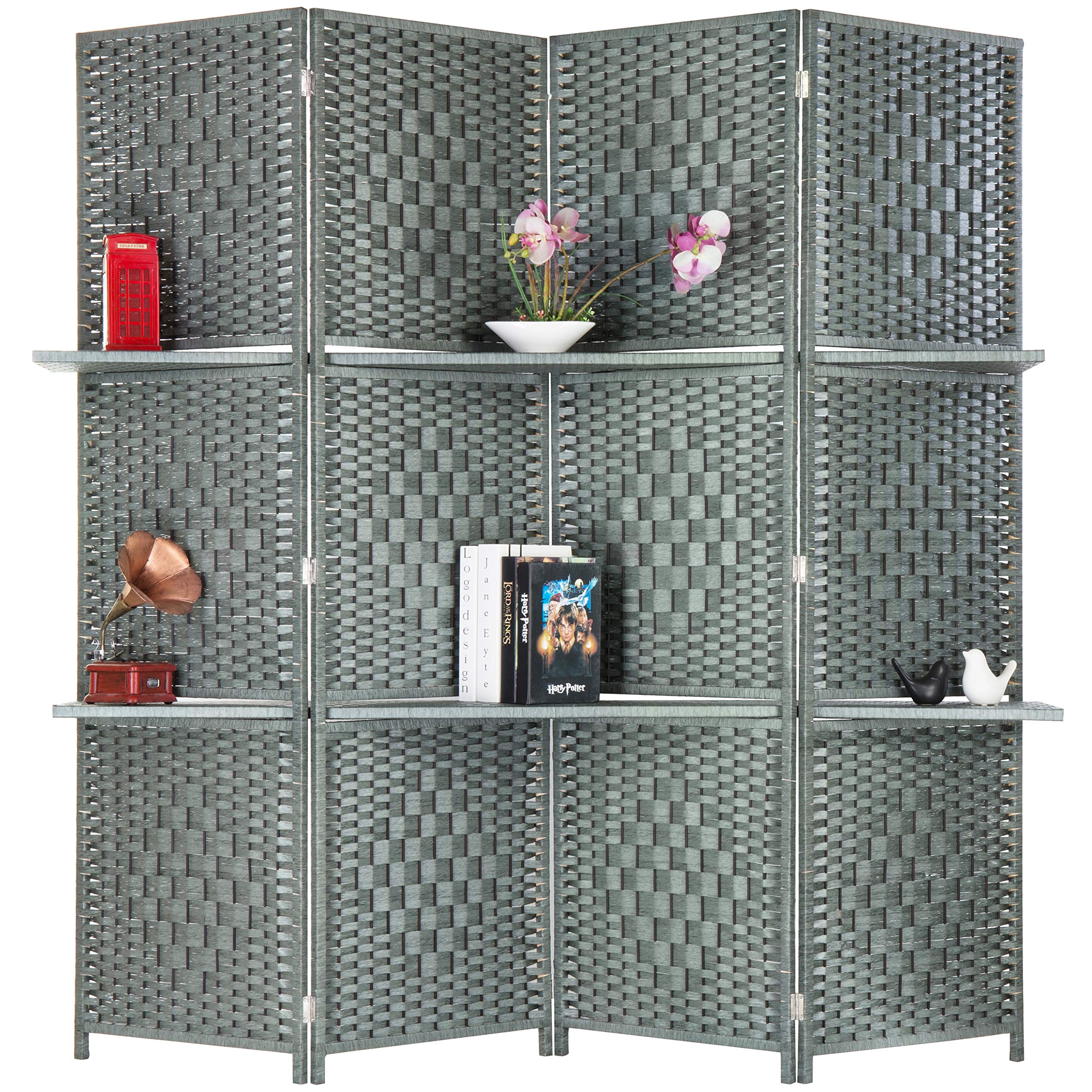 MyGift 6-Foot Gray Bamboo Woven 4-Panel Room Divider with 2 Shelves - Stylish Space Separator for Home Office, Living Room & Bedroom Privacy