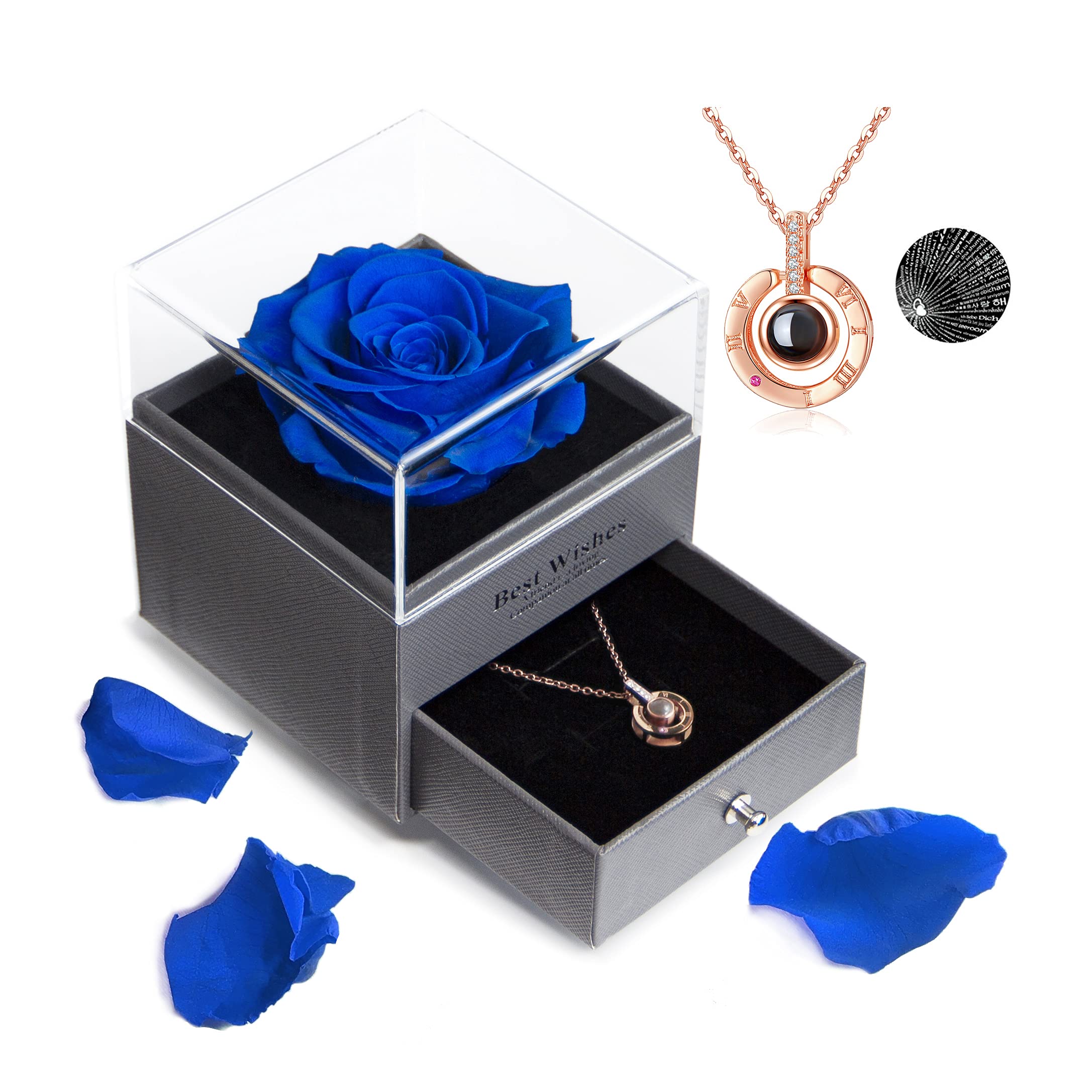 Real Preserved Rose with 'I Love You' Necklace in 100 Languages - Romantic Gift Set for Valentine's Day, Anniversary, Wedding, Birthday & Mother's Day - Perfect for Her as a Thoughtful Keepsake or Surprise Present