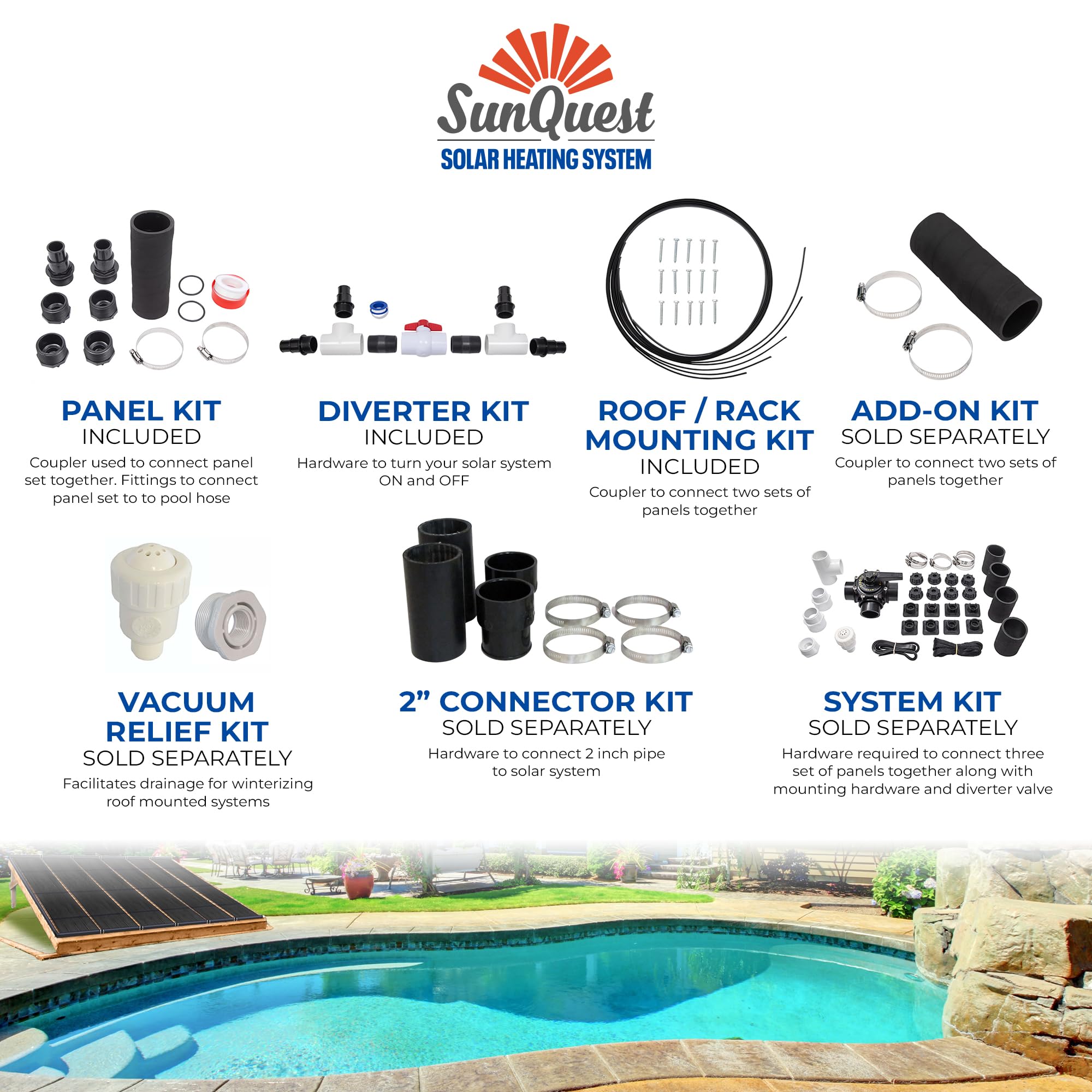 SunQuest Solar Pool Heater Panels - 2 Pack (2ft x 10ft) Solar Collectors with Roof/Rack Mount & Diverter Kit - Efficient Solar Water Heating System for Above Ground and Inground Pools - DIY Installation - UV Resistant Polypropylene Tube Web Design - Perfect for Extending Swimming Season & Reducing Energy Costs