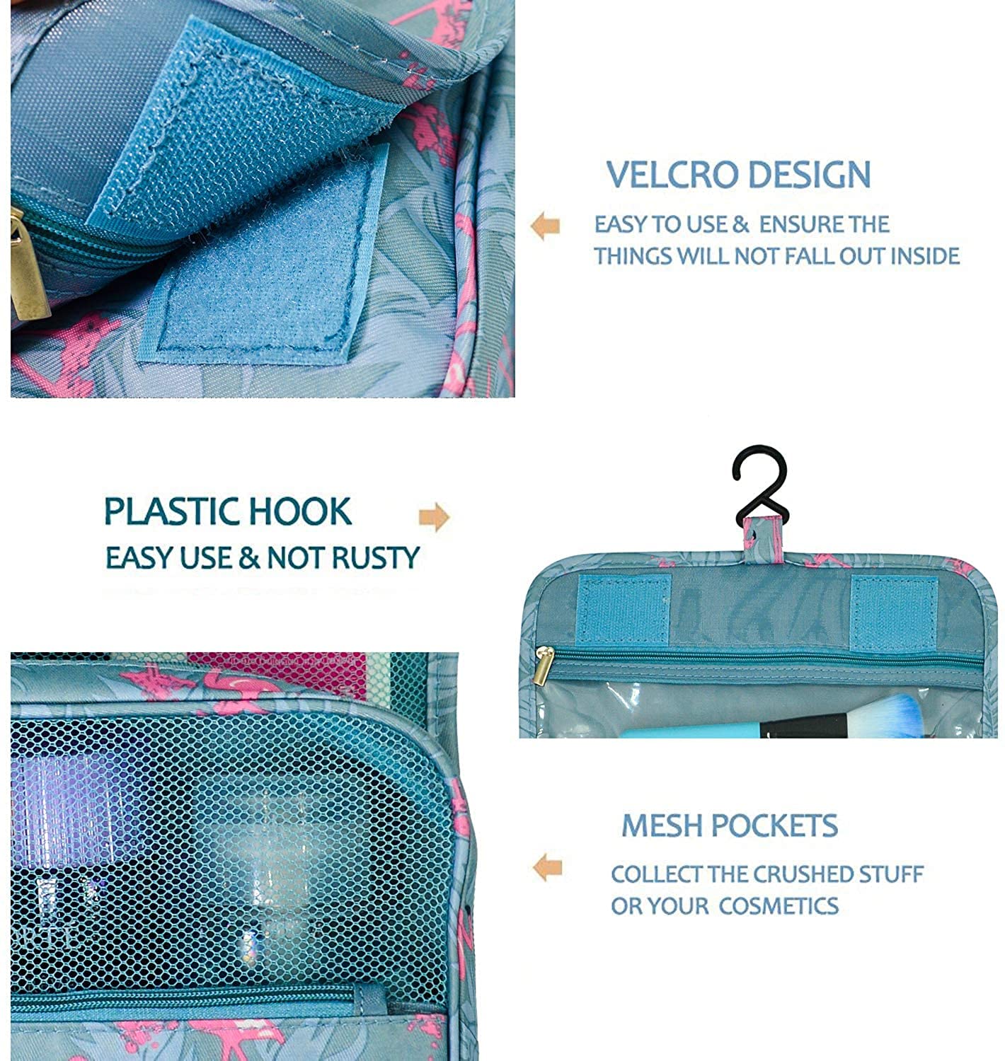 Trawila Travel Hanging Toiletry Bag for Men & Women - Waterproof Cosmetic Organizer with Sturdy Hook, Light Blue Flamingo Design - Perfect for Camping, Gym, Business Trips & Vacation