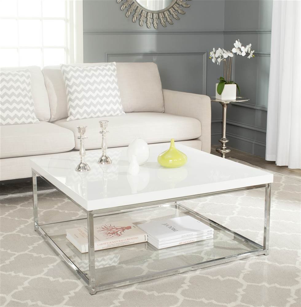 SAFAVIEH Malone Glam White and Chrome Coffee Table - Modern Glass Top Living Room Furniture for Small Spaces, Home Decor & Office Use