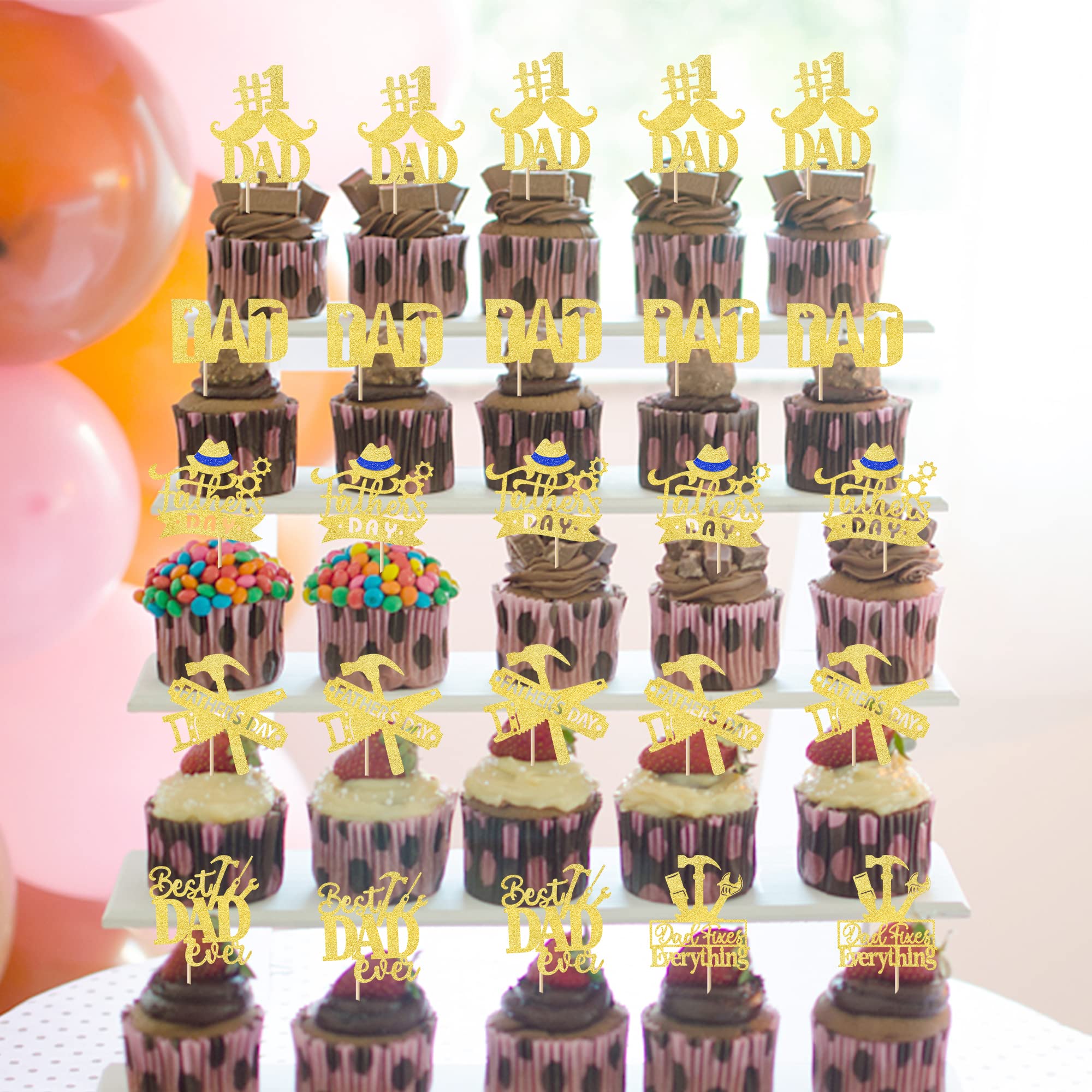 24 Pack Happy Father's Day Cupcake Toppers - Glitter Best Dad Ever Cake Decorations with #1 Dad, Tie, Mustache & Hat Designs - Gold Party Supplies for Father's Day Celebrations, Men's Birthday Parties & DIY Cake Decorating
