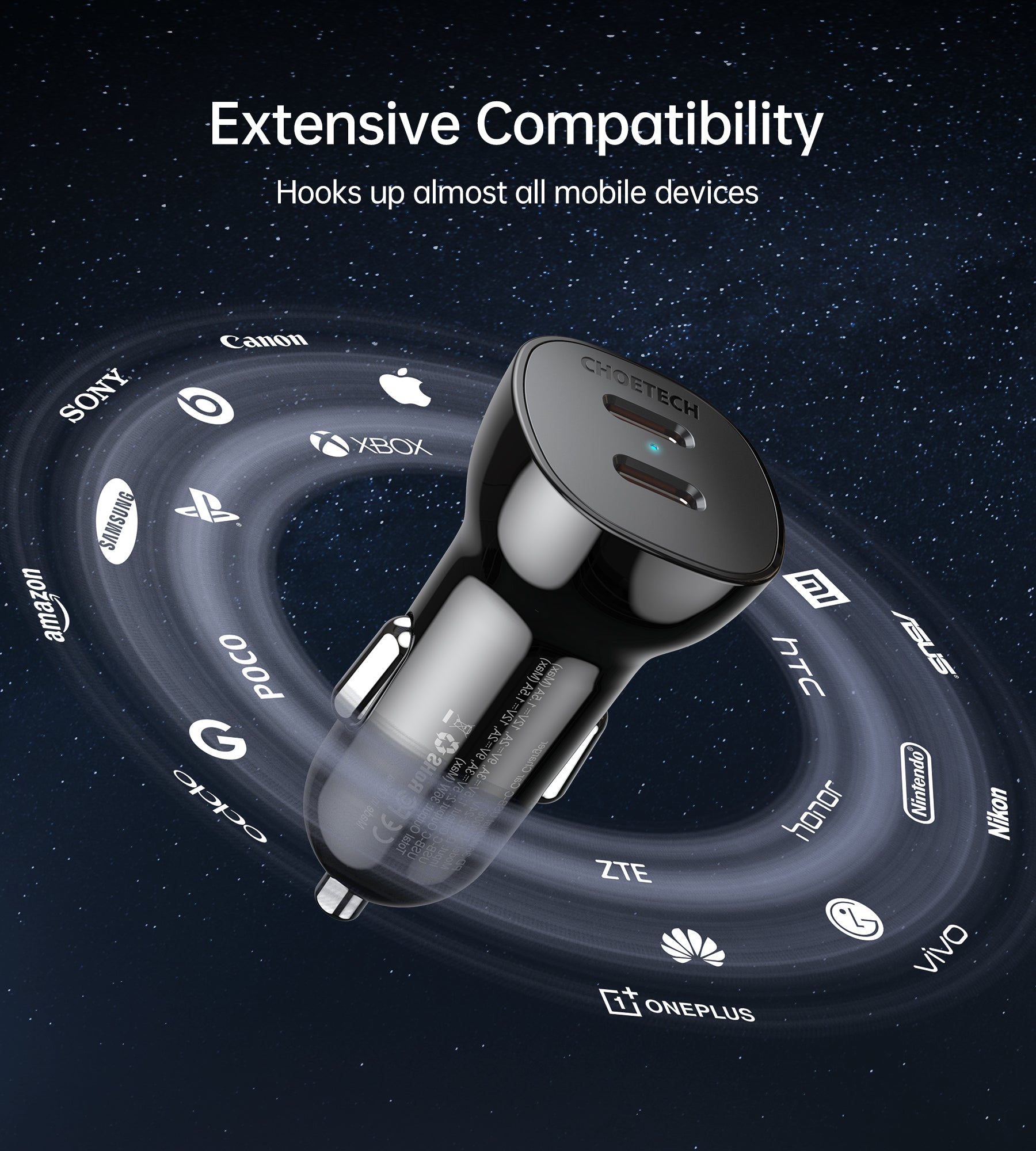 Choetech 40W Dual USB-C Fast Car Charger Adapter - Quick Charge for iPhone 15/14/13, Samsung Galaxy, iPad - Perfect for Road Trips & Commuting