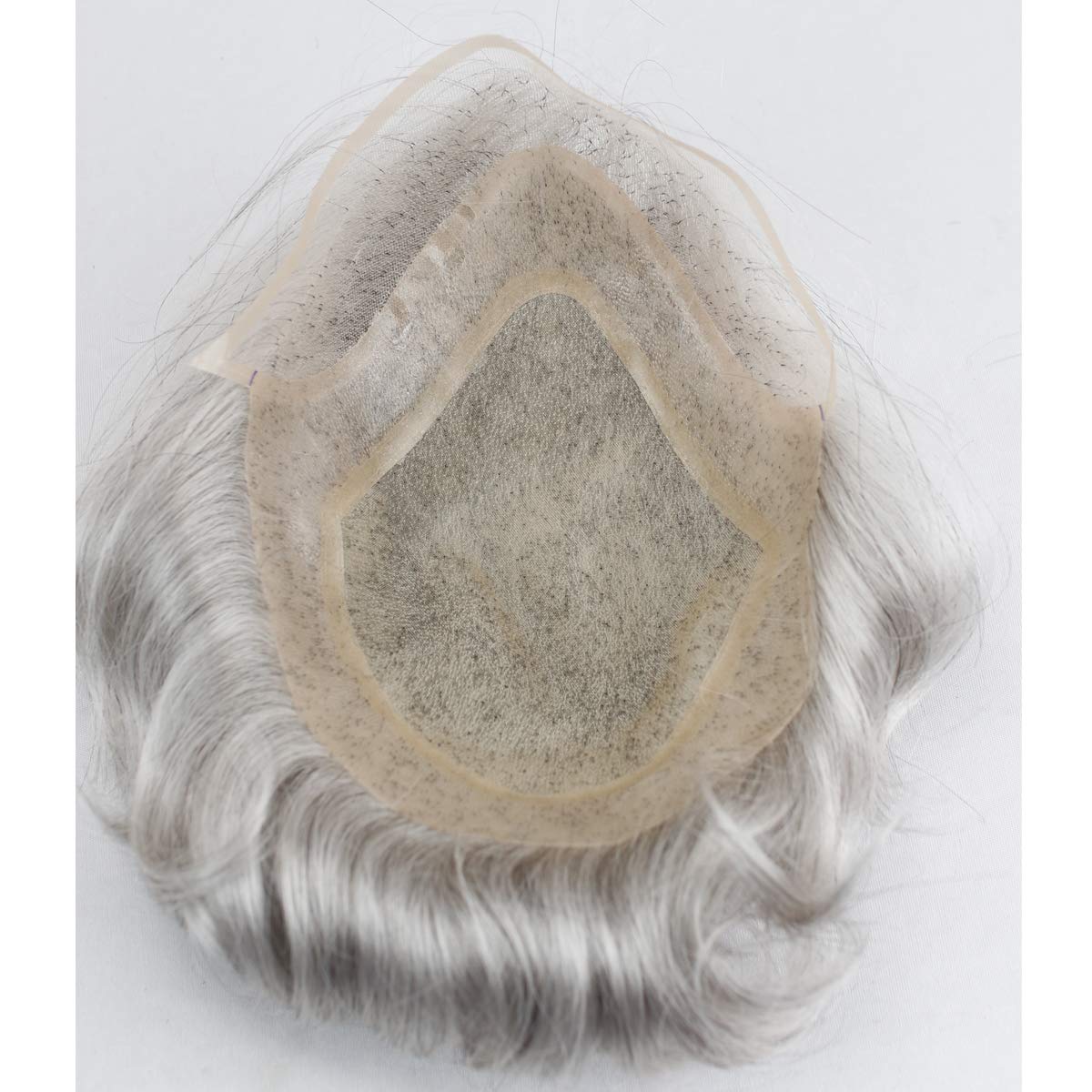 Dreambeauty Men's Toupee 10×8 Inch - European Virgin Human Hair & Synthetic Blend (10% #1B/90% White) - Thin Skin Hair Replacement System with Monofilament Net & PU Base - Natural Look for Baldness & Thinning Hair - Perfect for Daily Wear, Special Occasions & Professional Settings