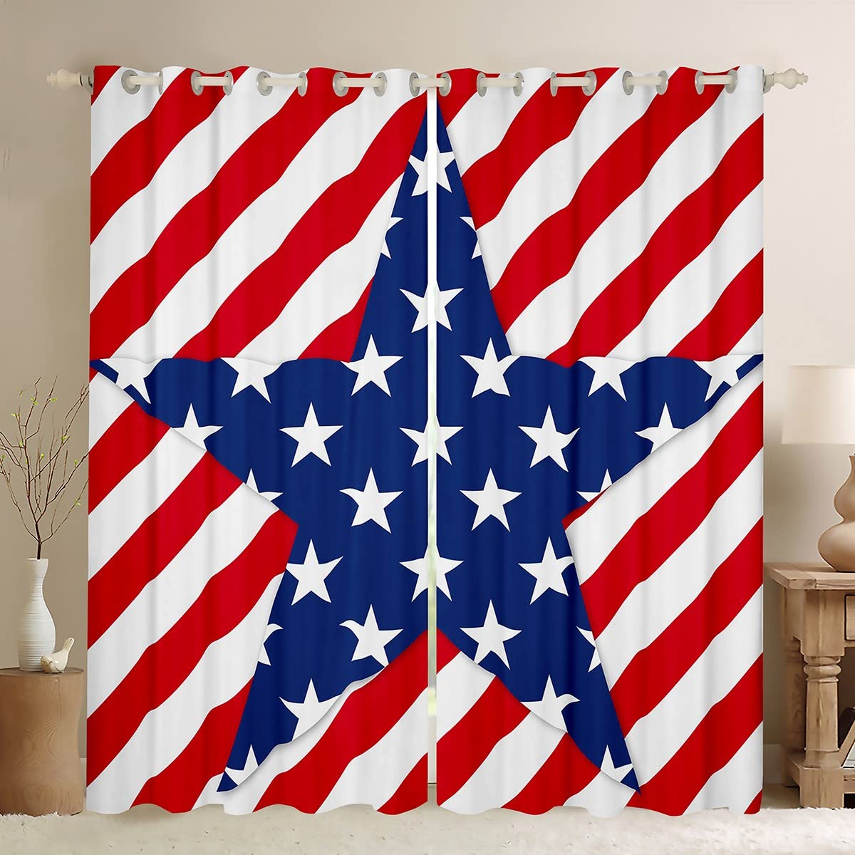 Erosebridal USA Flag Curtains 52x90 Inches - Red White Blue Stars & Stripes Patriotic Window Drapes for Bedroom & Living Room | Washable Fabric with Grommets (2 Panel Set) | Perfect for Independence Day Decor & American Theme Rooms