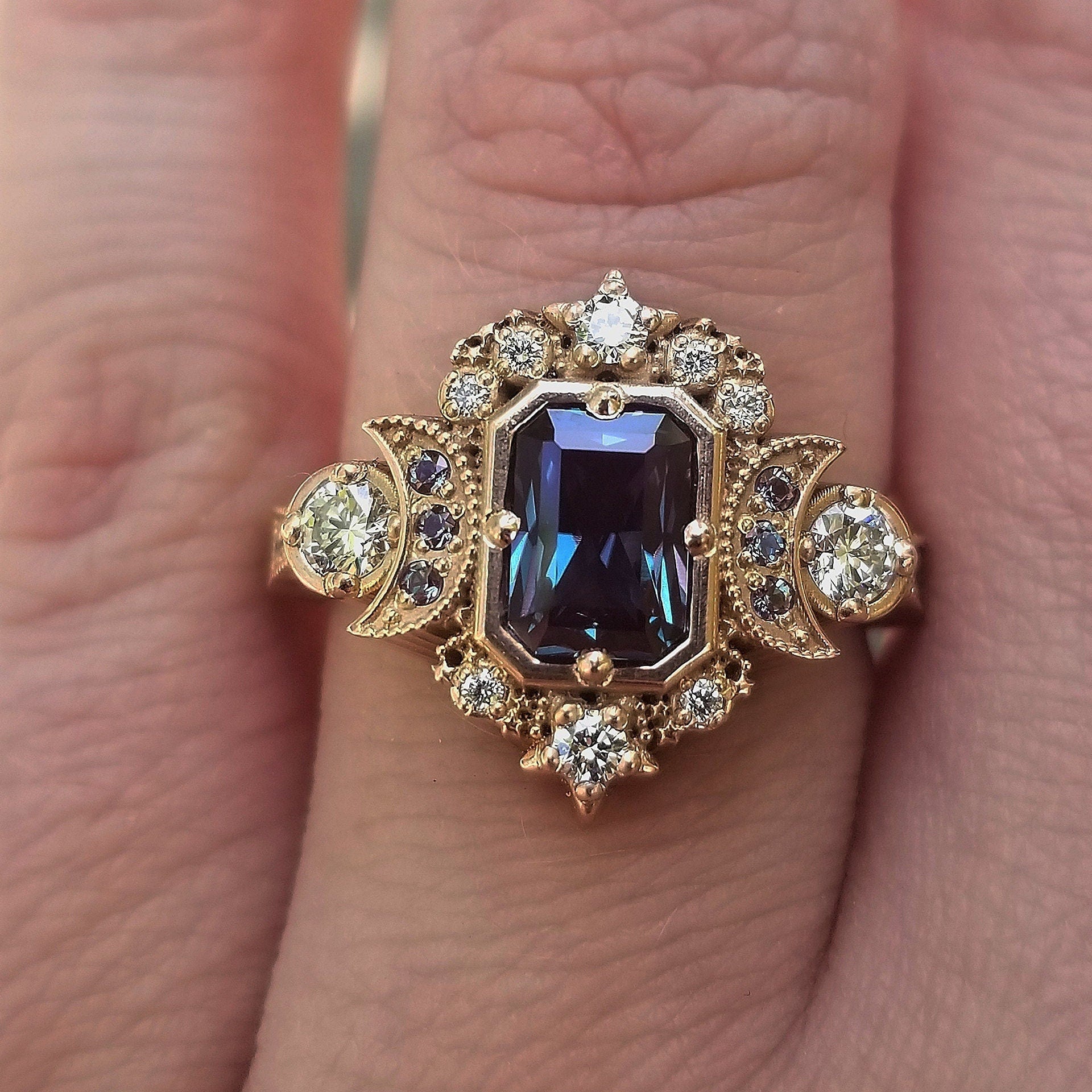Radiant Alexandrite Selene Moon Engagement Ring - 14k Gold with Diamonds & Chatham Alexandrite | Perfect for Proposals, Anniversaries & Bridal Jewelry