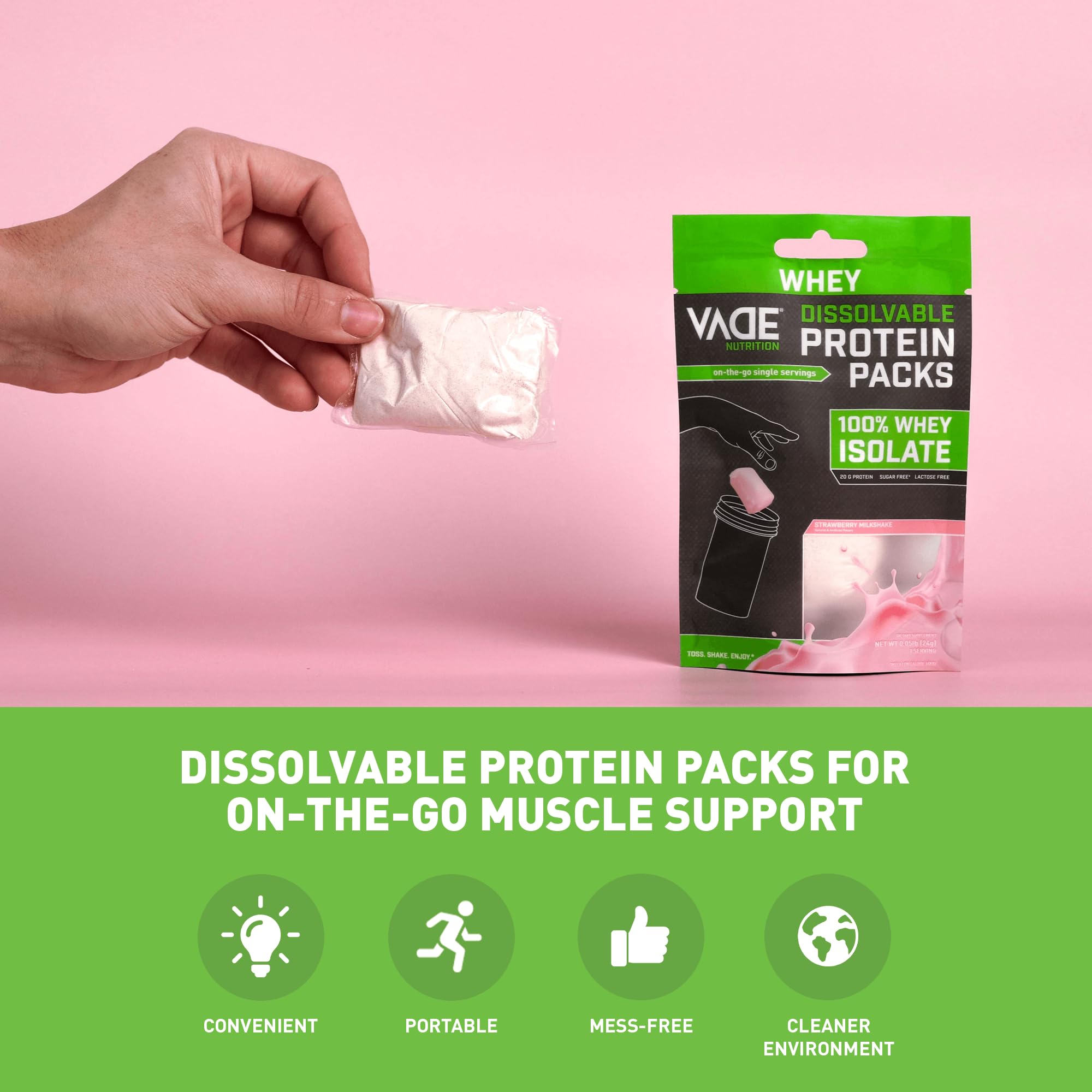 VADE Nutrition Dissolvable Protein Packs - Strawberry Milkshake Whey Isolate Protein Powder | Low Carb, Low Calorie, Lactose & Gluten Free, Fat & Sugar Free | 30 Servings for Gym, Workout Recovery & On-The-Go Nutrition