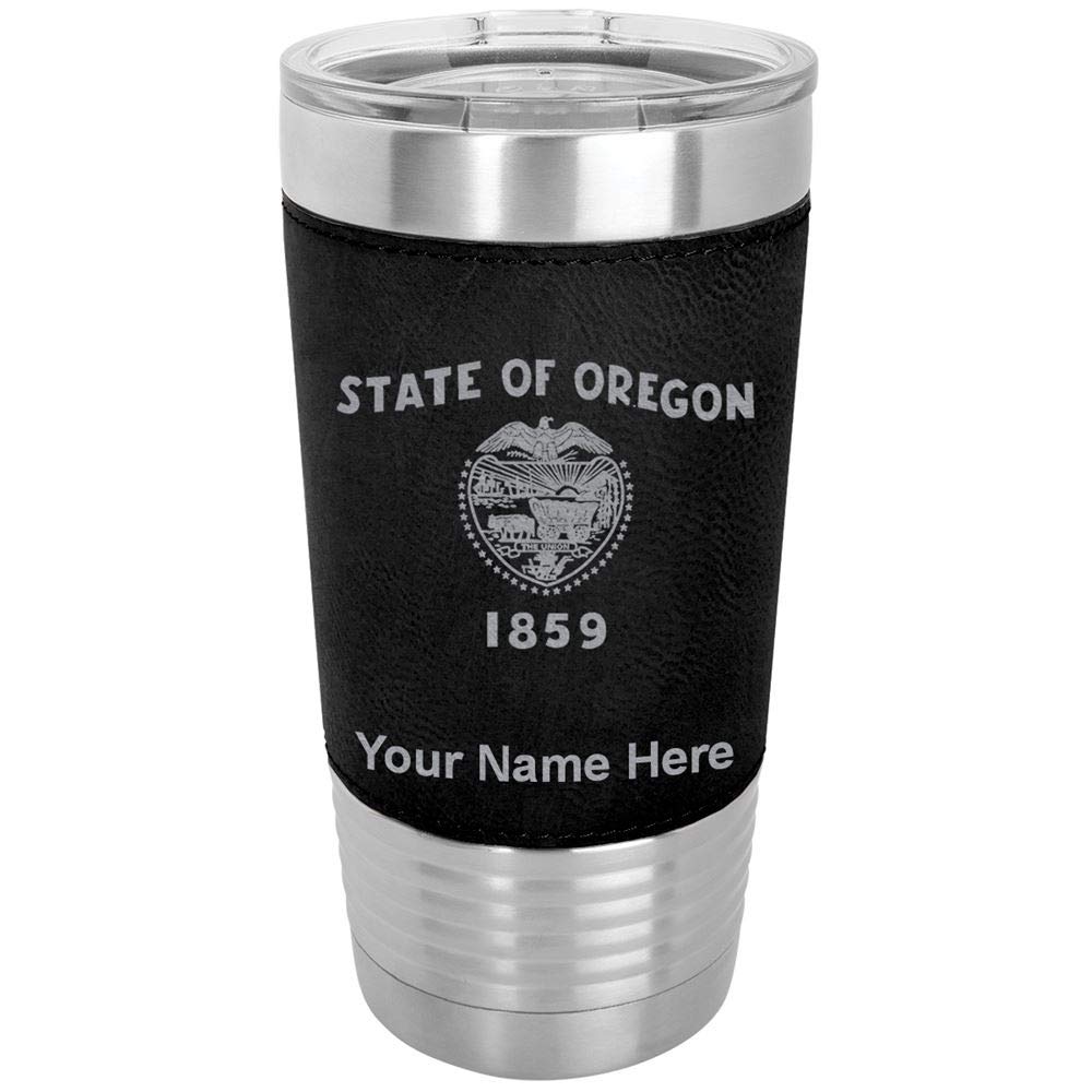 LaserGram 20oz Vacuum Insulated Stainless Steel Tumbler with Oregon State Flag Design - Personalized Engraved Travel Mug with Faux Leather Handle (Black) - Perfect for Coffee, Tea & Cold Drinks at Work, Gym or Outdoor Adventures