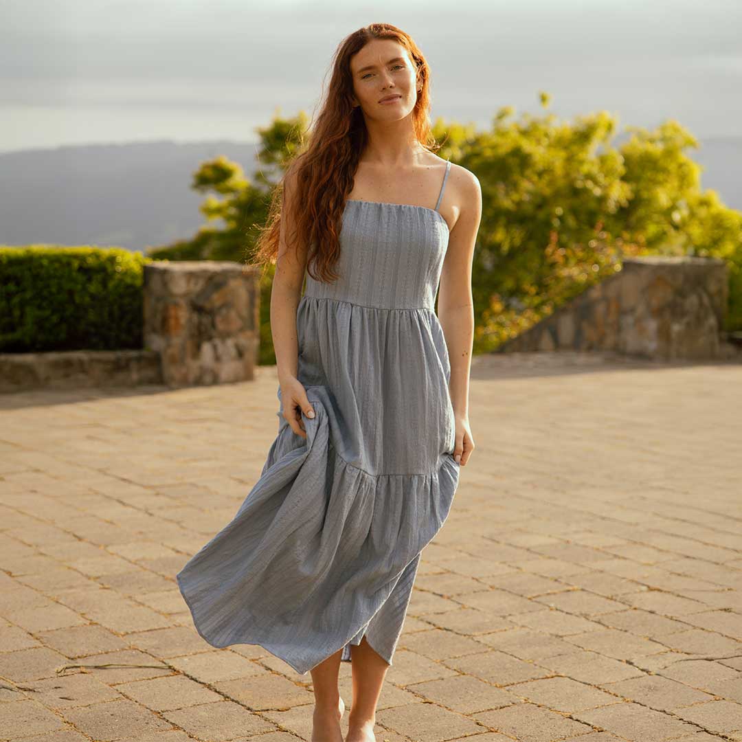 Elegant Cabo Midi Dress in Dusk Blue - Perfect for Beach Vacations, Summer Parties & Casual Outings