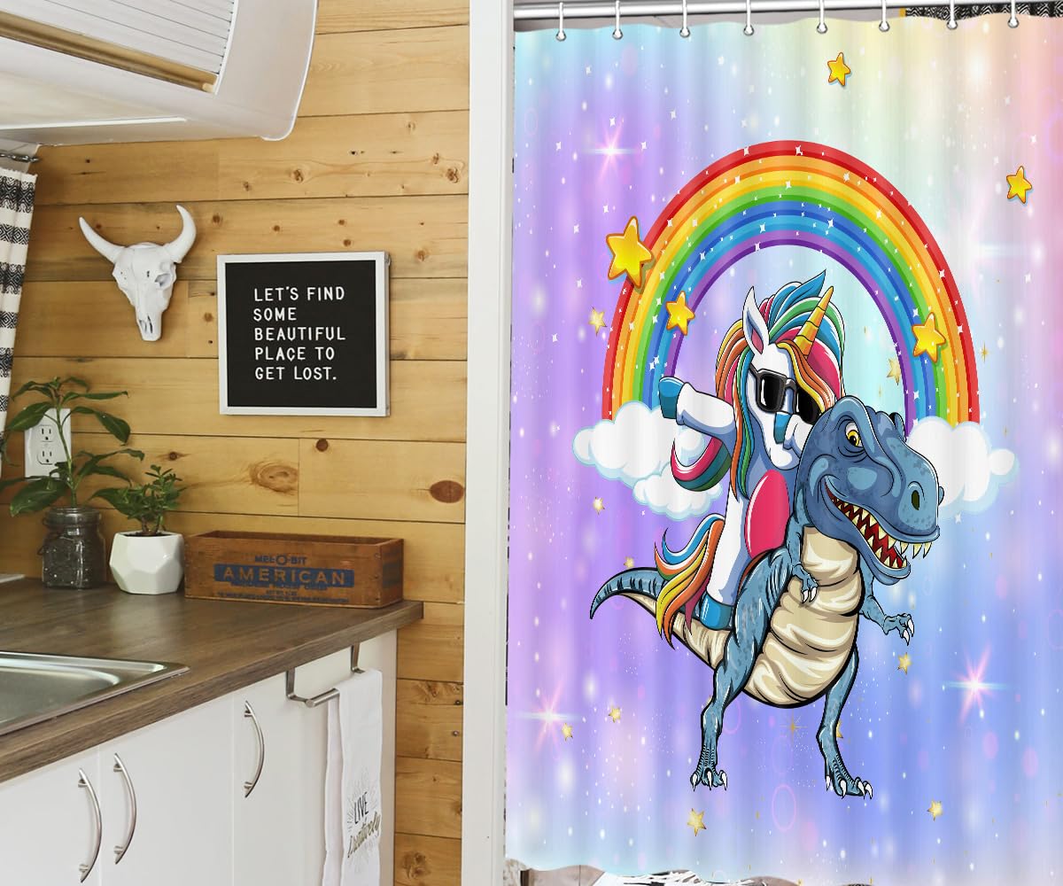 Funny Unicorn Riding Dinosaur Camper Shower Curtain Set - 47x64 Inch Small Narrow Travel Trailer Bathroom Decor with Hooks | Perfect for RV, Camping & Outdoor Adventures - Happy Camping Accessories