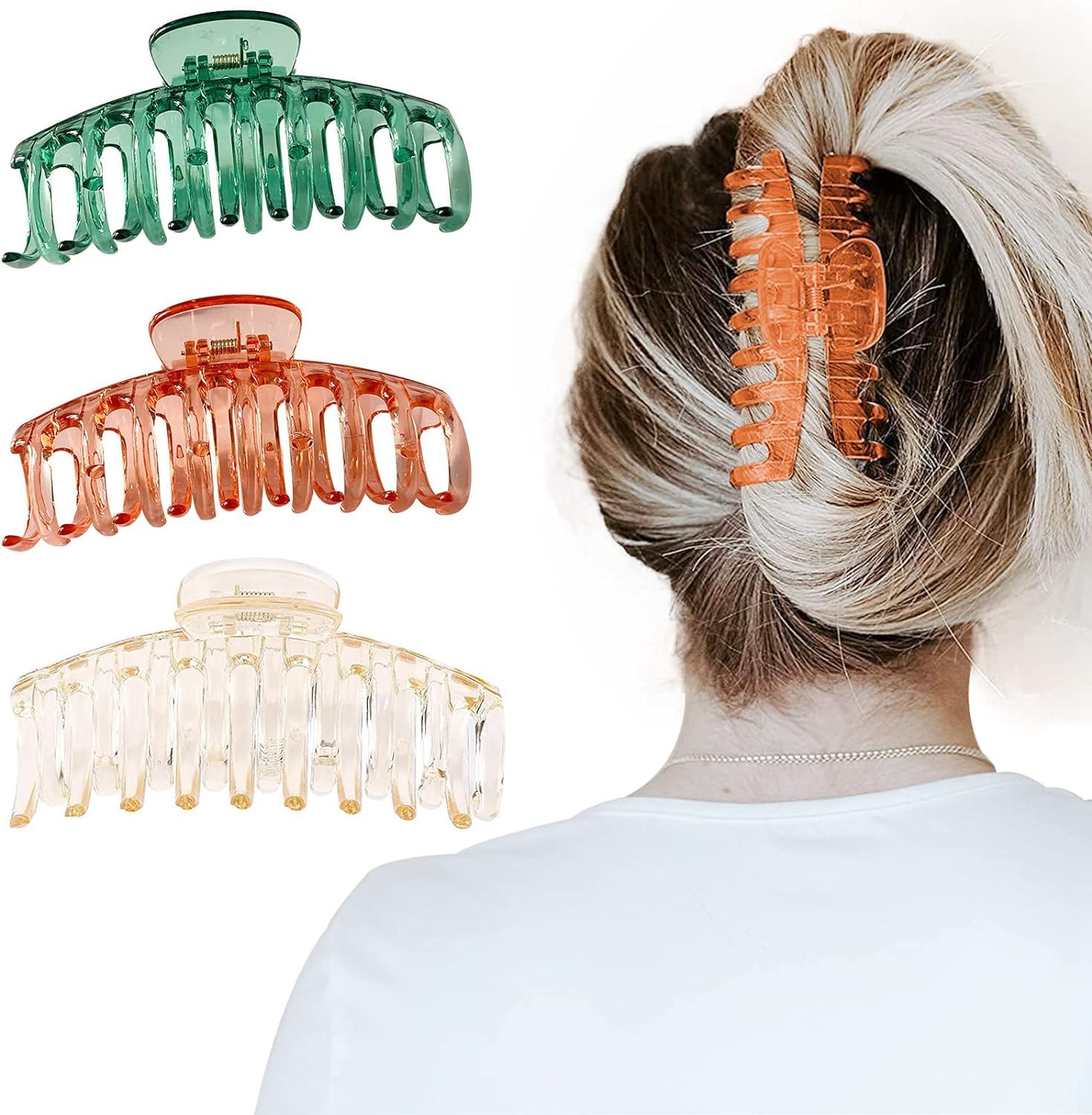 3 PCS Large Non-Slip Clear Hair Claw Clips for Women - Jumbo Strong Hold Banana Clips for Thick Hair | Perfect for Ponytails, Buns and Everyday Hairstyles