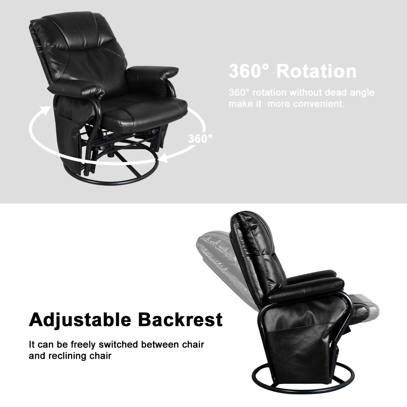 360° Swivel Glider Chair with Ottoman - PU Leather Rocking Recliner Lounge Chair Set for Living Room, Nursery & Patio (Black) - Comfortable Sliding Armchair for Relaxation & Nursing