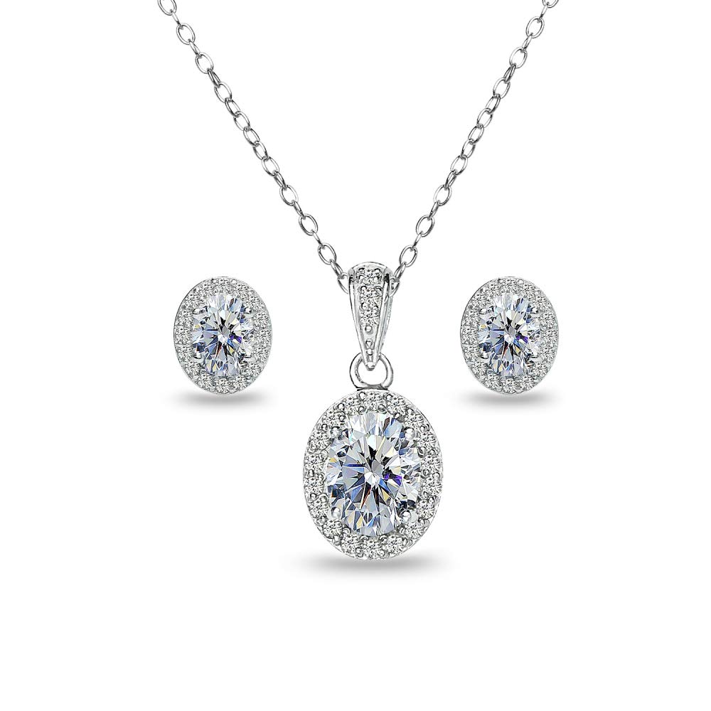 Sterling Silver Oval Crystal CZ Halo Stud Earrings & Pendant Necklace Set for Women - Elegant Jewelry Gift for Birthday, Anniversary, Wedding, Party & Everyday Wear